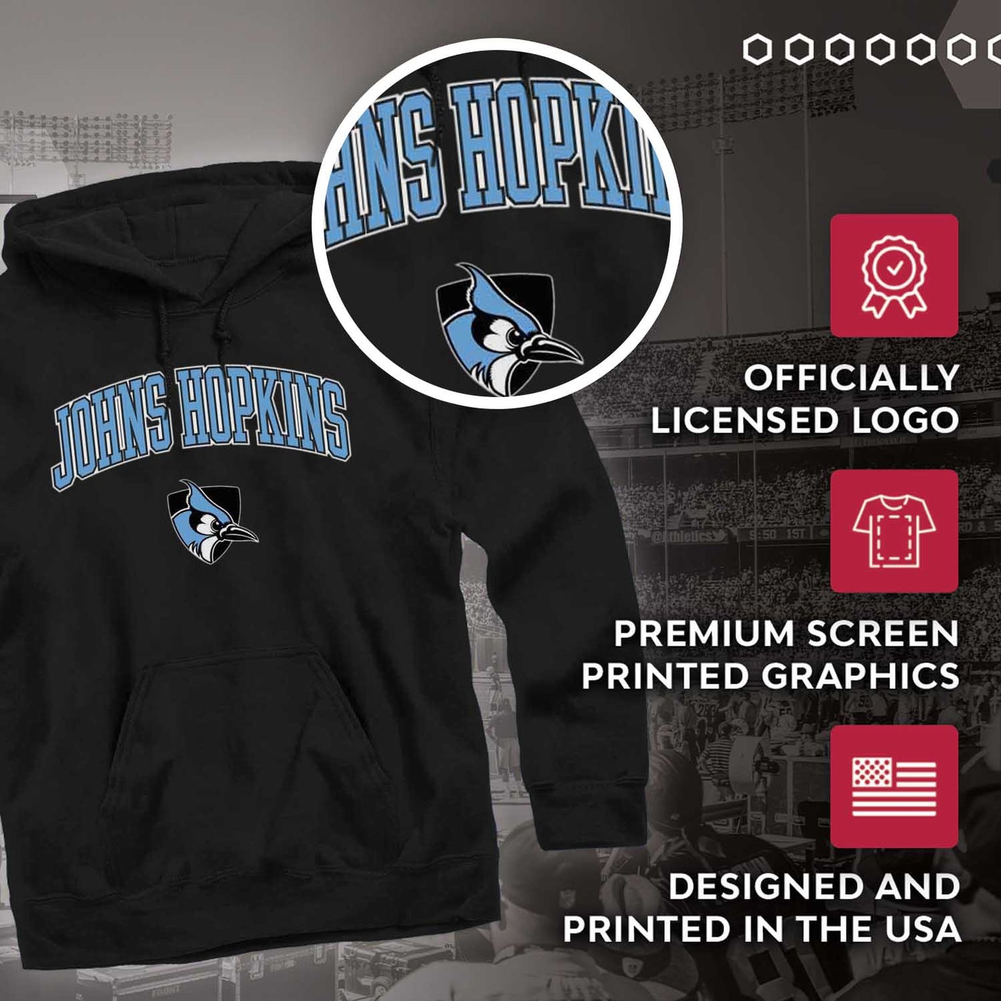 Johns Hopkins Blue Jays Adult Arch & Logo Soft Style Gameday Hooded Sweatshirt - Team Color