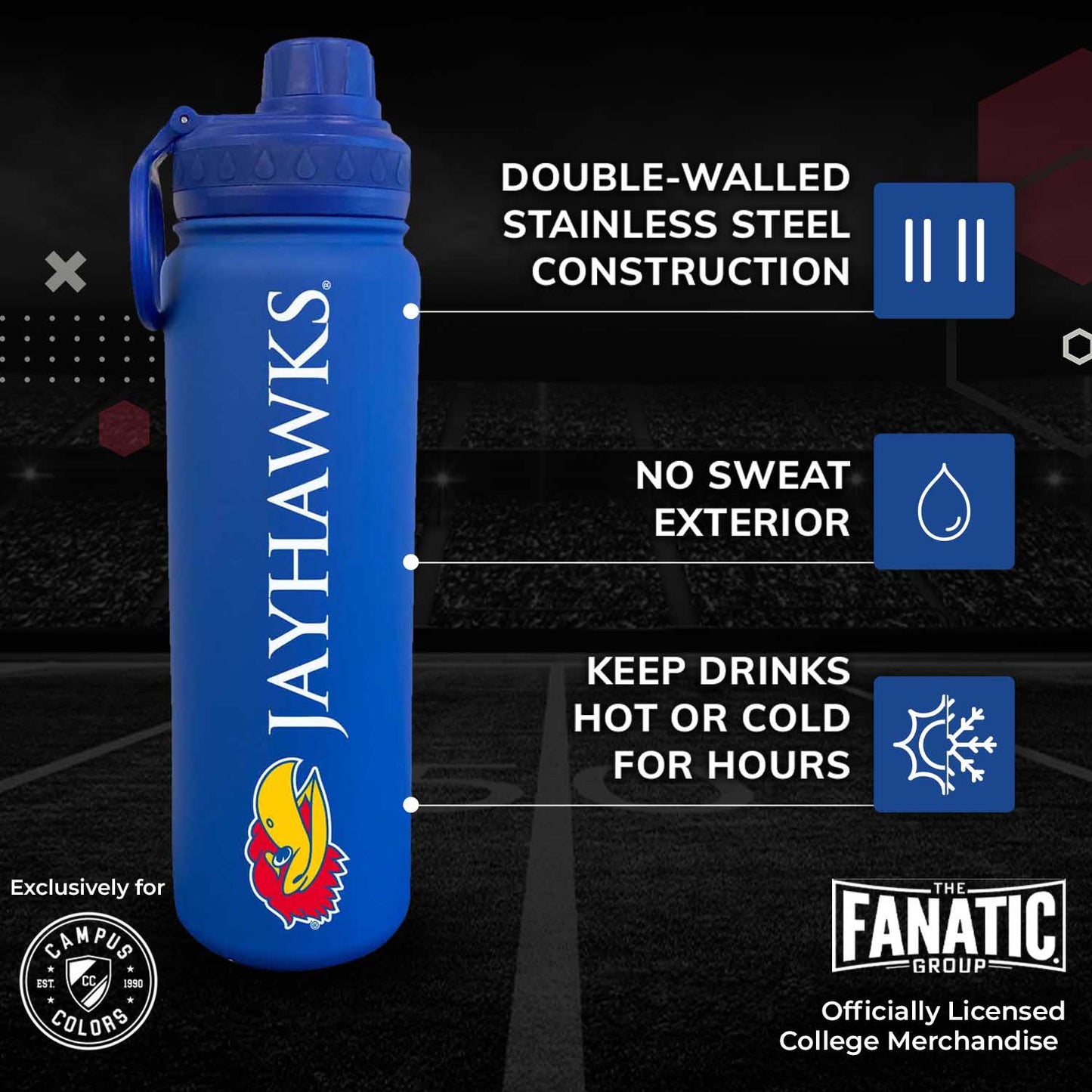 Kansas Jayhawks NCAA Stainless Steel Water Bottle - Royal