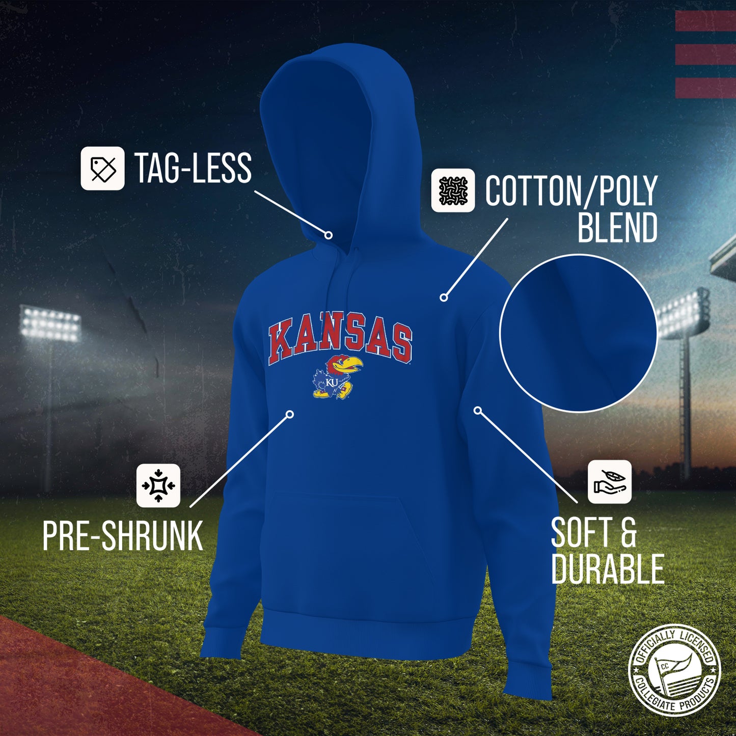 Kansas Jayhawks Adult Arch & Logo Soft Style Gameday Hooded Sweatshirt - Royal