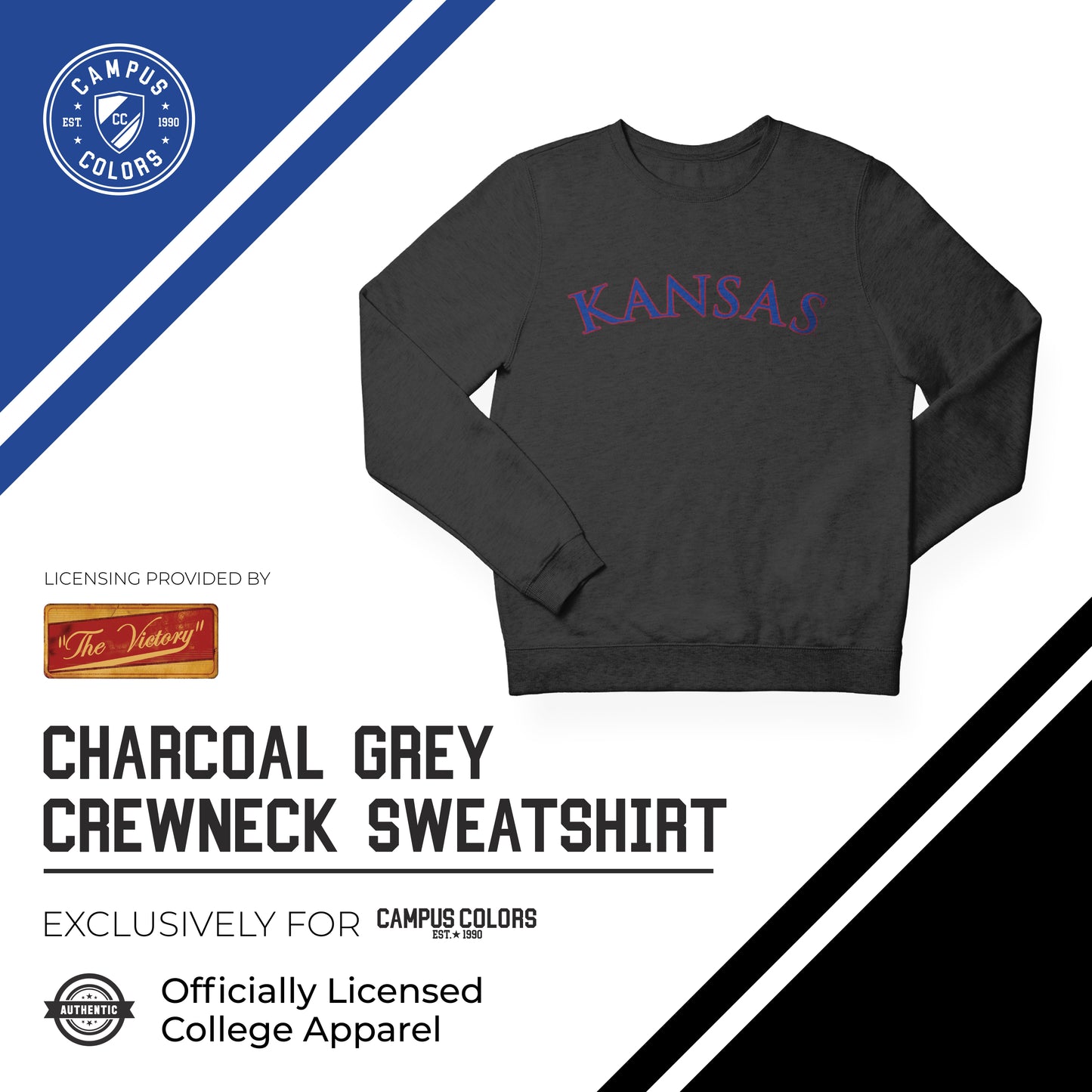 Kansas Jayhawks NCAA Adult Charcoal Crewneck Fleece Sweatshirt - Charcoal