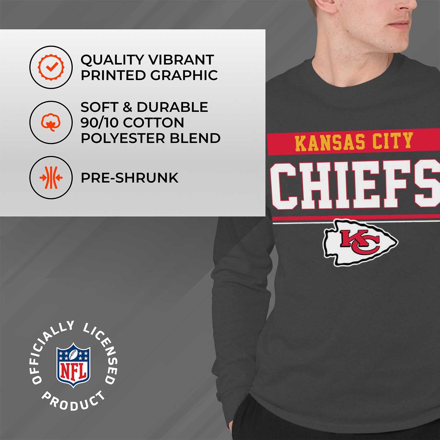 Kansas City Chiefs NFL Adult Charcoal Long Sleeve T Shirt - Charcoal