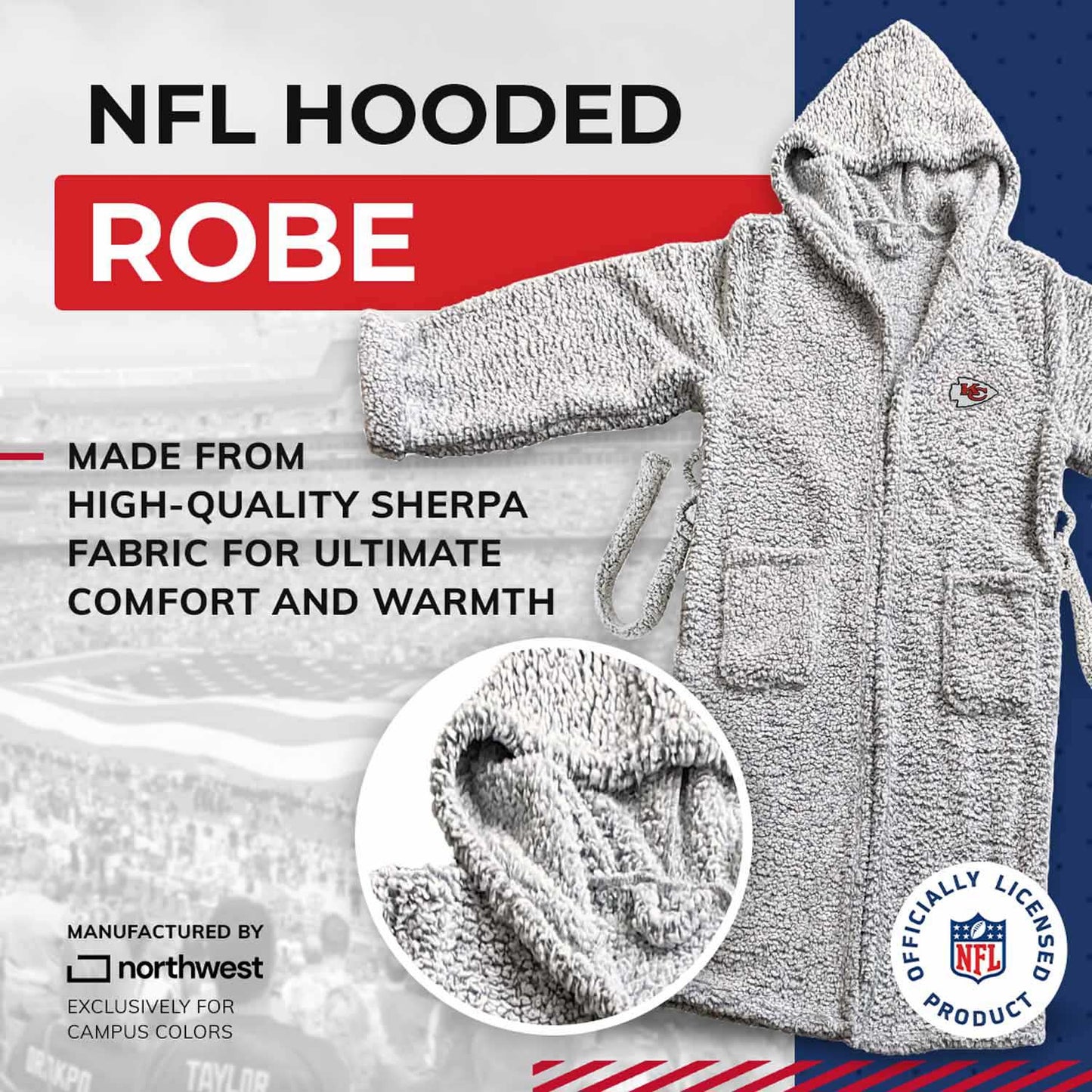 Kansas City Chiefs NFL Plush Hooded Robe with Pockets - Gray