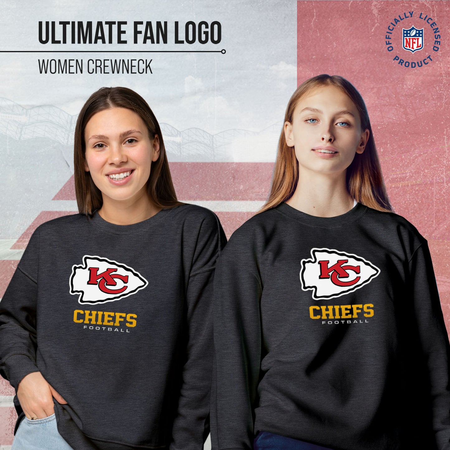 Kansas City Chiefs Women's NFL Ultimate Fan Logo Slouchy Crewneck -Tagless Fleece Lightweight Pullover - Charcoal