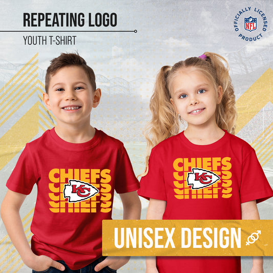 Kansas City Chiefs NFL Youth Repeating Logo Football T-Shirt Unisex Tag Free Comfortable - Red