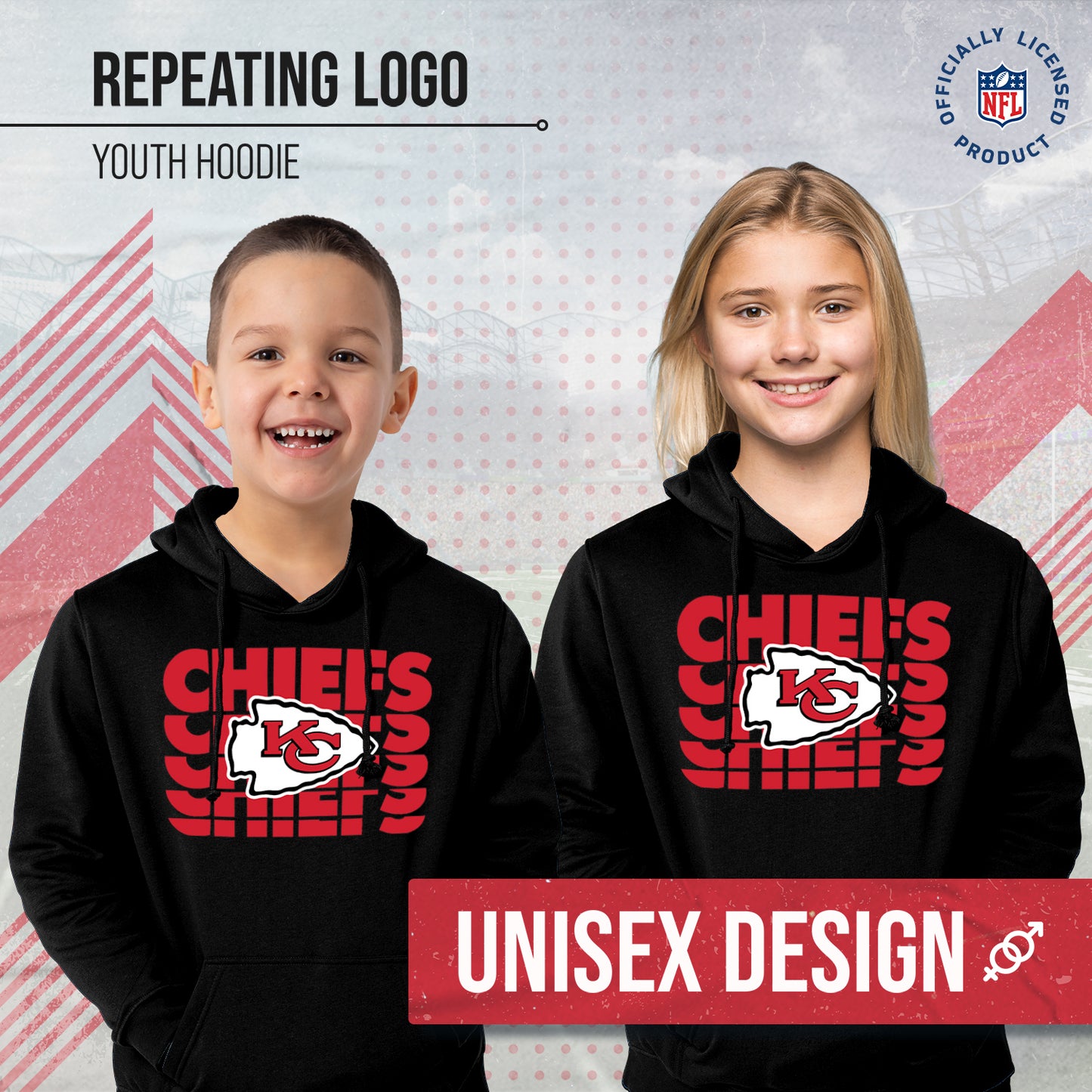 Kansas City Chiefs NFL Youth Repeating Logo Football Fleece Hooded Sweatshirt - Black