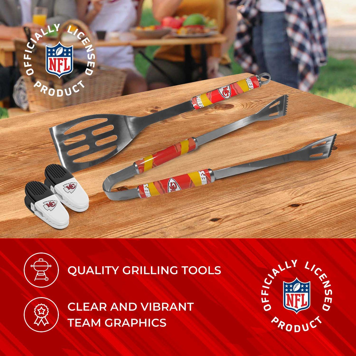 Kansas City Chiefs NFL Two Piece Grilling Tools Set with 2 Magnet Chip Clips - Chrome