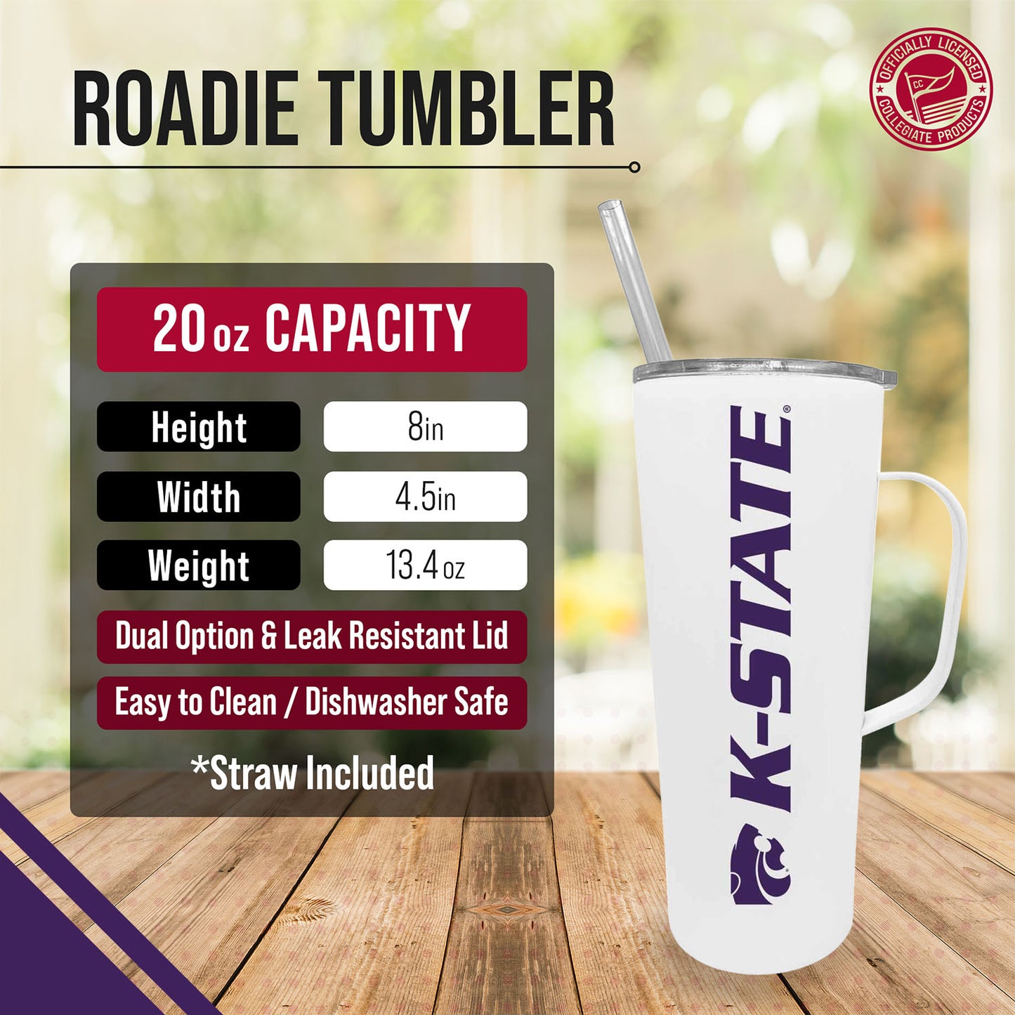Kansas State Wildcats NCAA Stainless Steal 20oz Roadie With Handle & Dual Option Lid With Straw - White