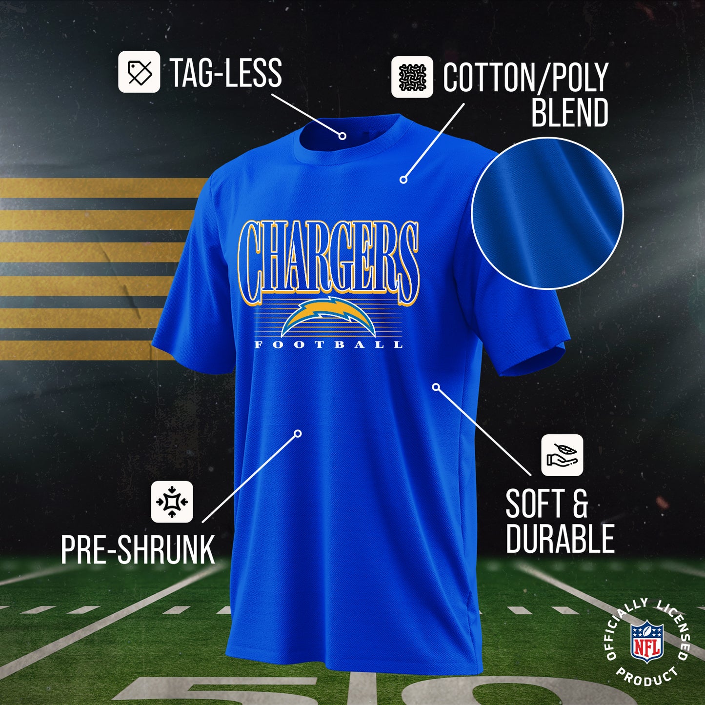 Los Angeles Chargers NFL Adult Overtime Blueprint Tag-Less T-Shirt - Royal