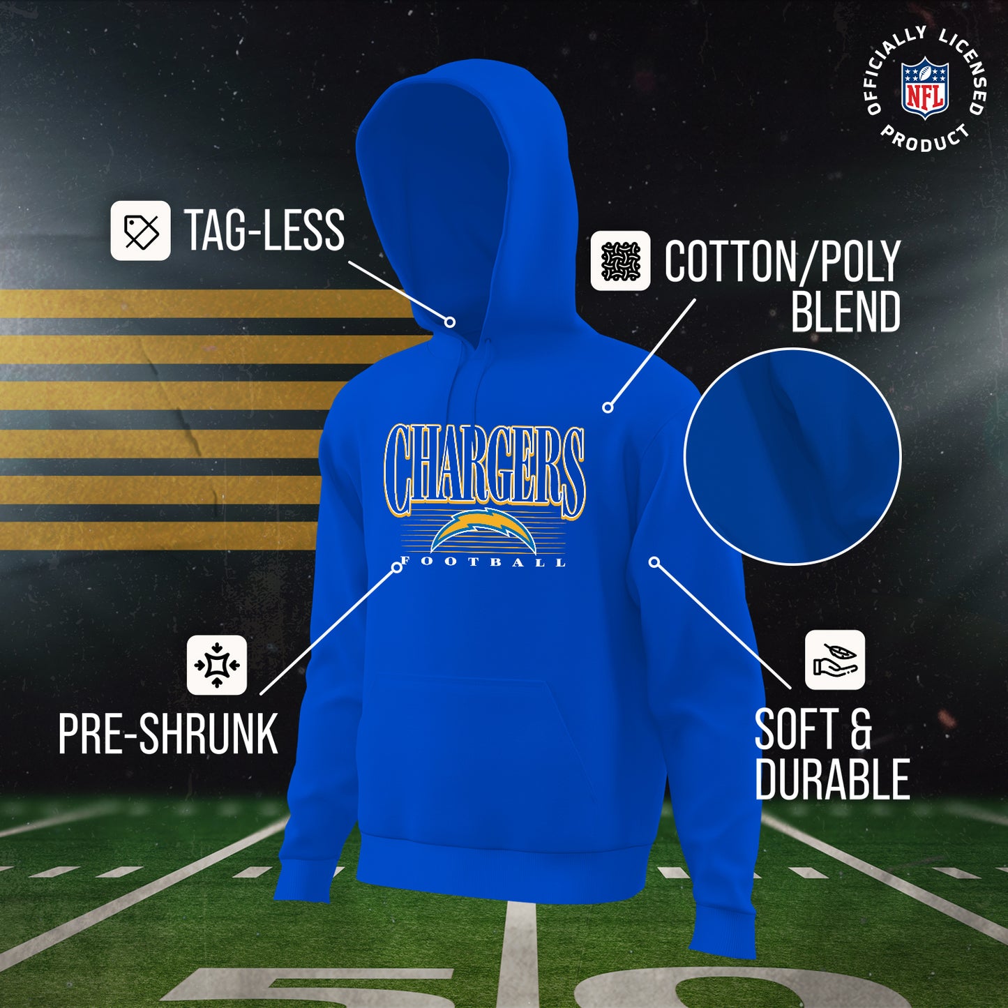 Los Angeles Chargers NFL Adult Unisex Overtime Blueprint Soft Fleece Hooded Sweatshirt - Royal