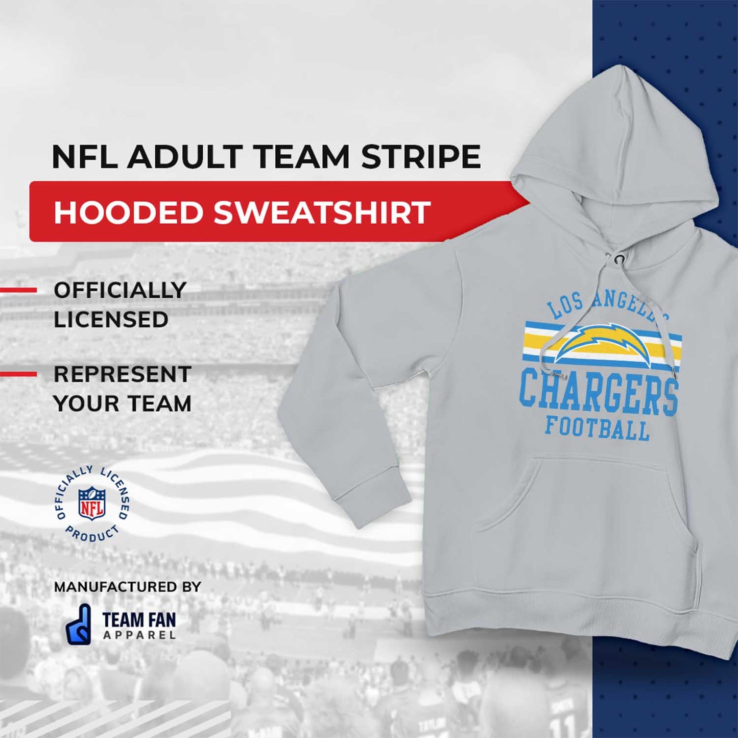 Los Angeles Chargers NFL Team Stripe Hooded Sweatshirt- Soft Pullover Sports Hoodie For Men & Women - Sport Gray
