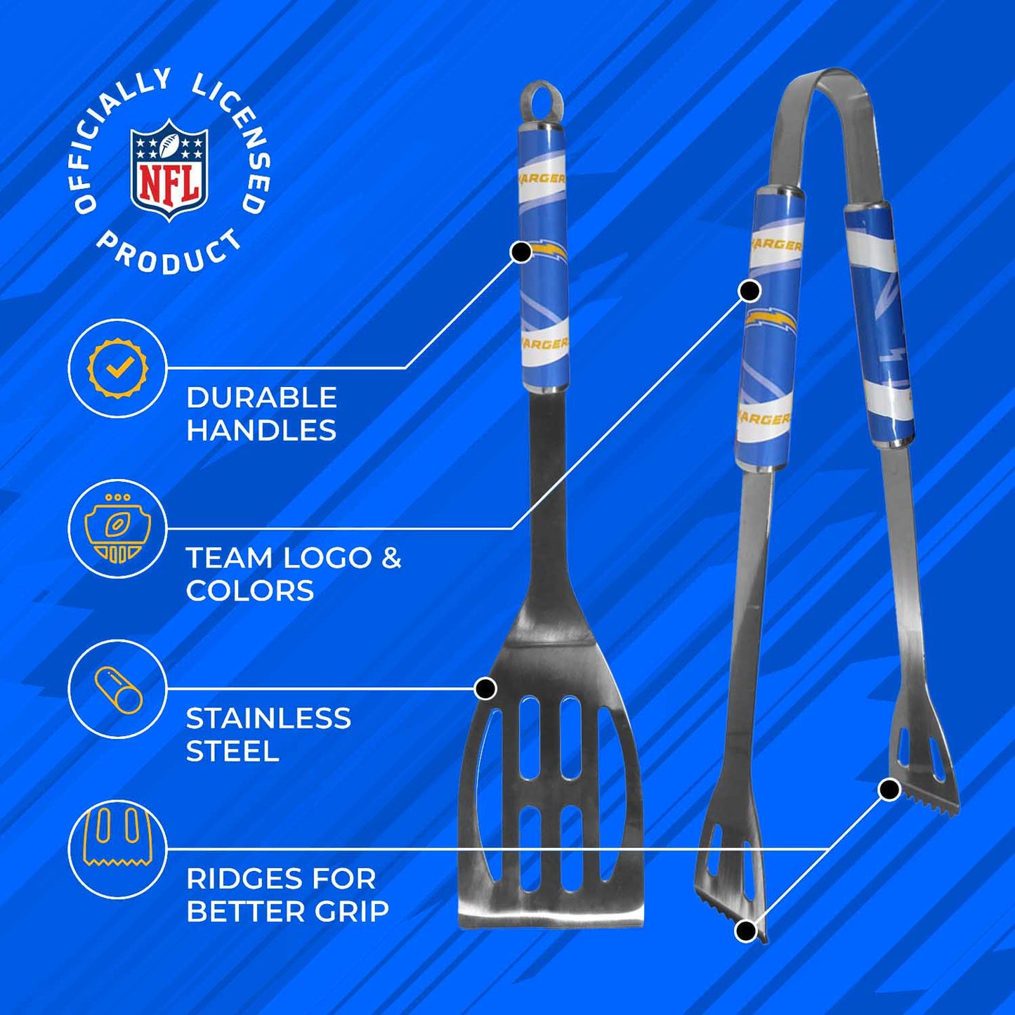 Los Angeles Chargers NFL Two Piece Grilling Tools Set with 2 Magnet Chip Clips - Chrome