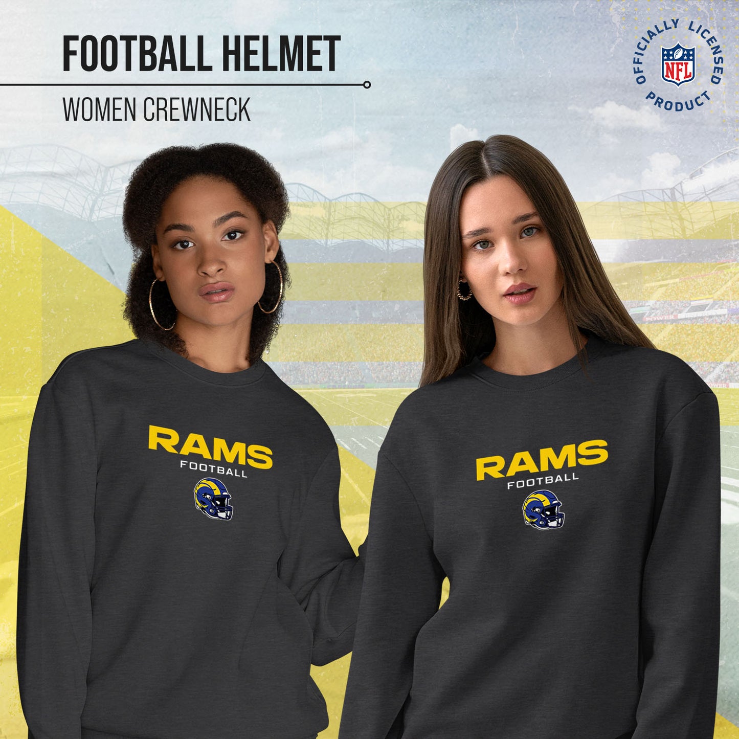 Los Angeles Rams Women's NFL Football Helmet Charcoal Slouchy Crewneck -Tagless Lightweight Pullover - Charcoal