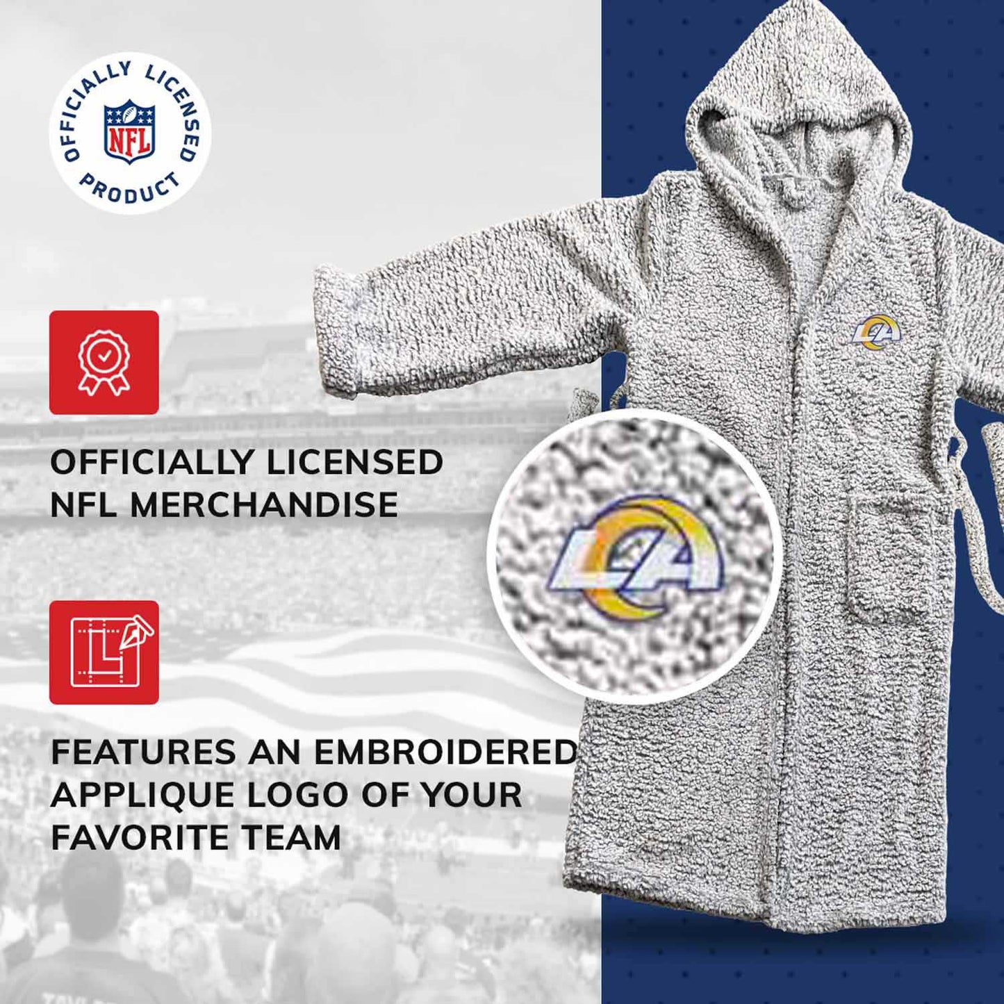 Los Angeles Rams NFL Plush Hooded Robe with Pockets - Gray