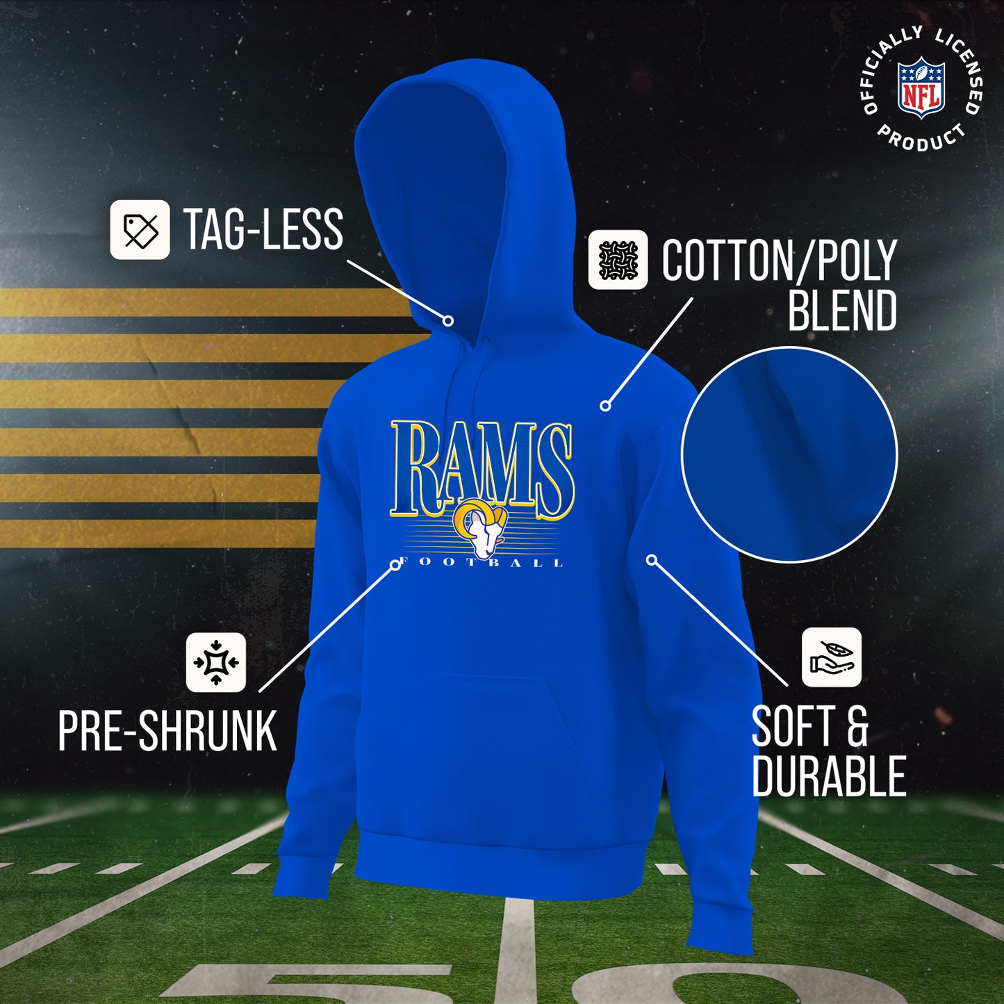 Los Angeles Rams NFL Adult Unisex Overtime Blueprint Soft Fleece Hooded Sweatshirt - Royal