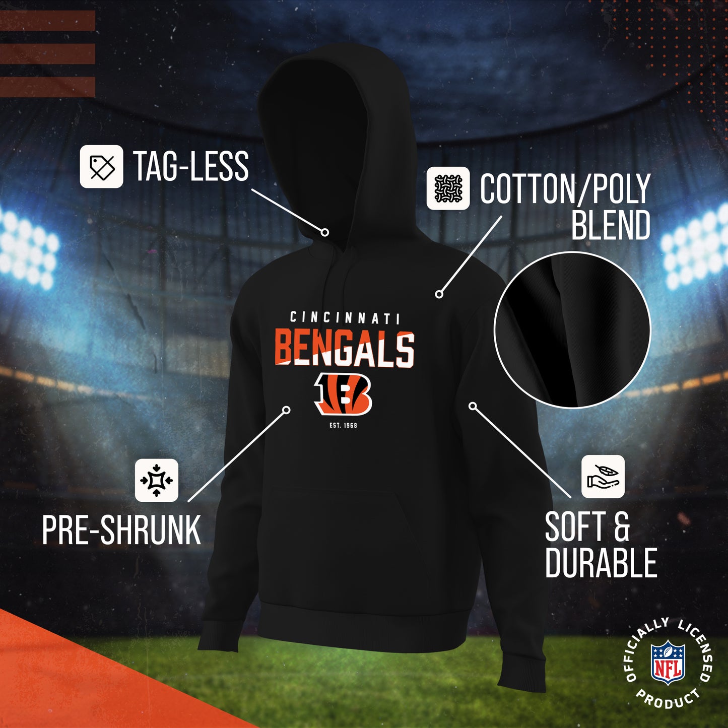 Cincinnati Bengals Adult NFL Diagonal Fade Fleece Hooded Sweatshirt - Black