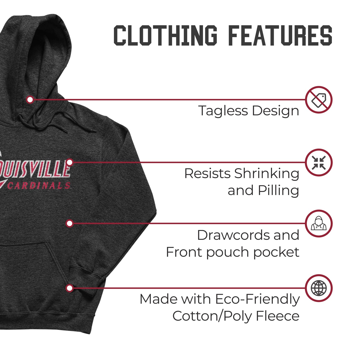 Louisville Cardinals NCAA Adult Cotton Blend Charcoal Hooded Sweatshirt - Charcoal