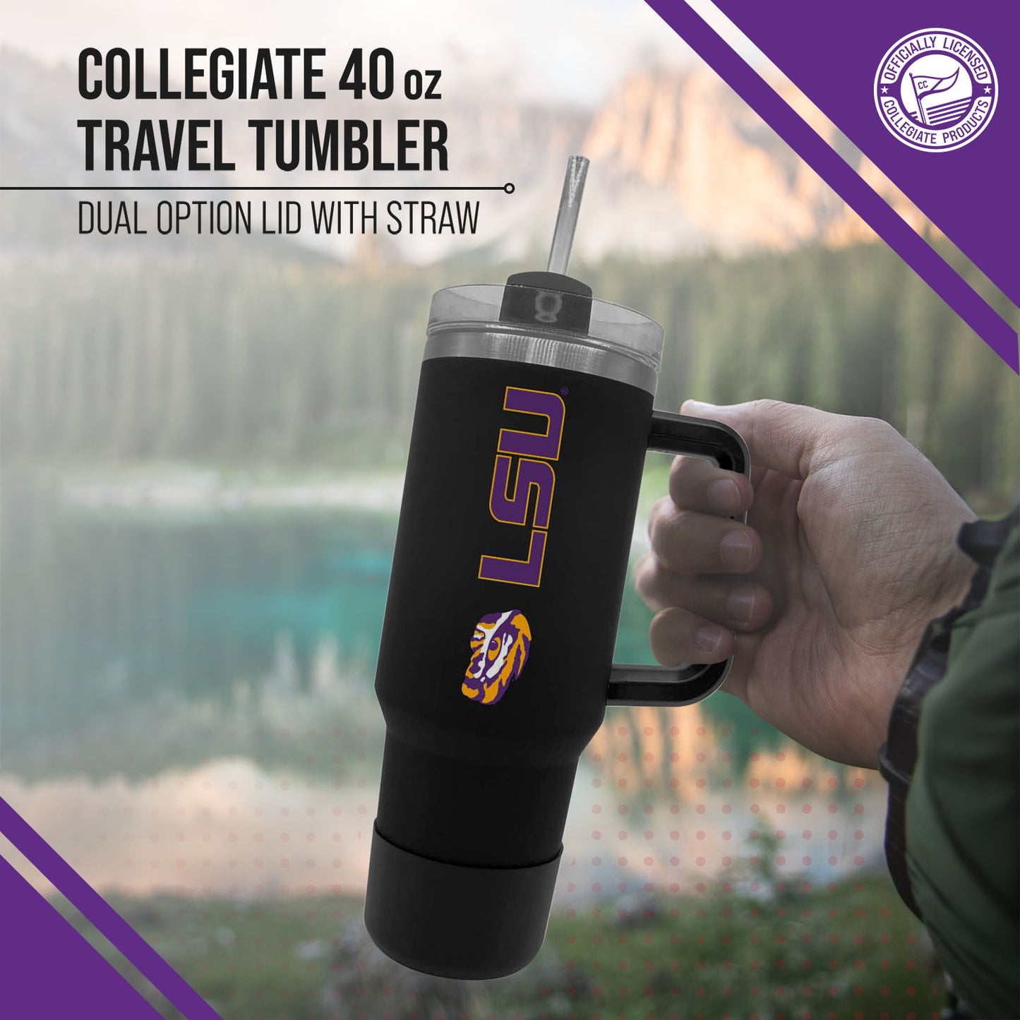 LSU Tigers College & University 40 oz Travel Tumbler With Handle - Black