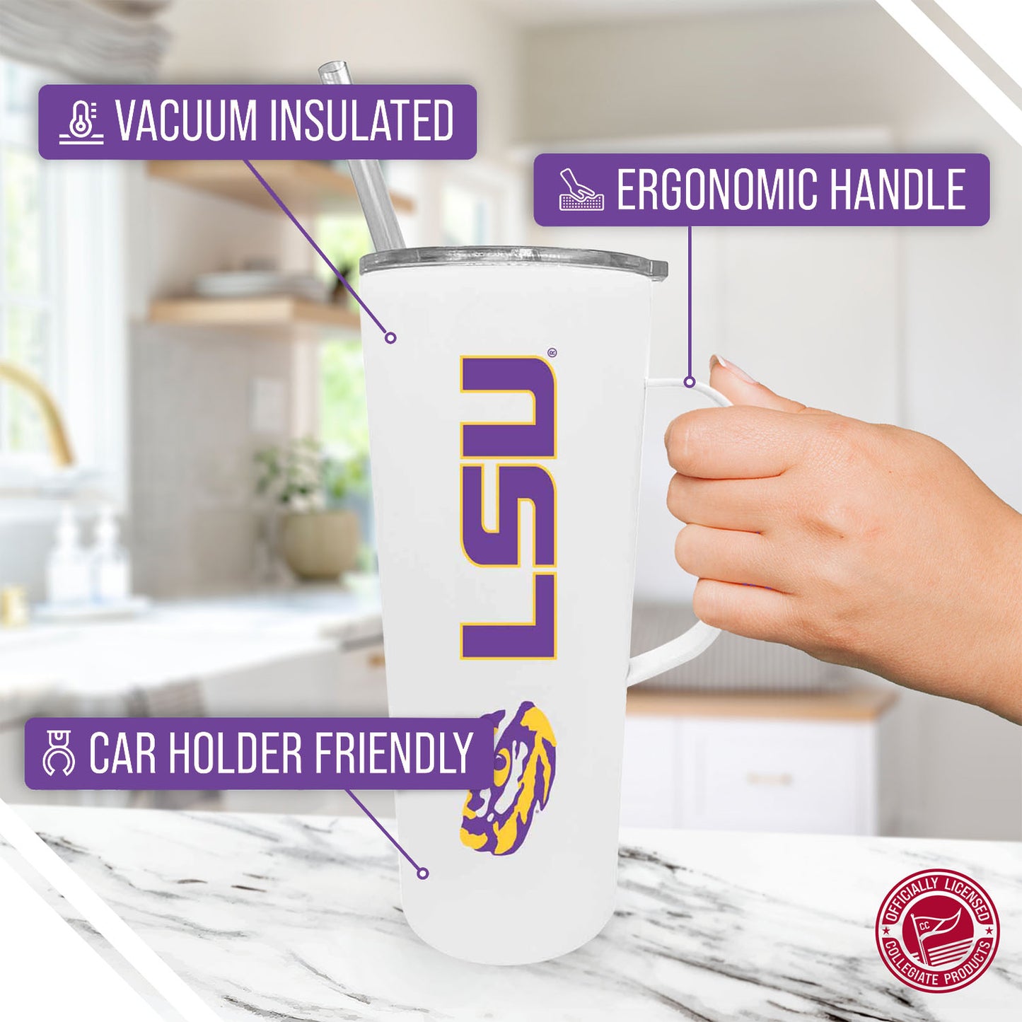 LSU Tigers NCAA Stainless Steel 20oz Roadie With Handle & Dual Option Lid With Straw - White