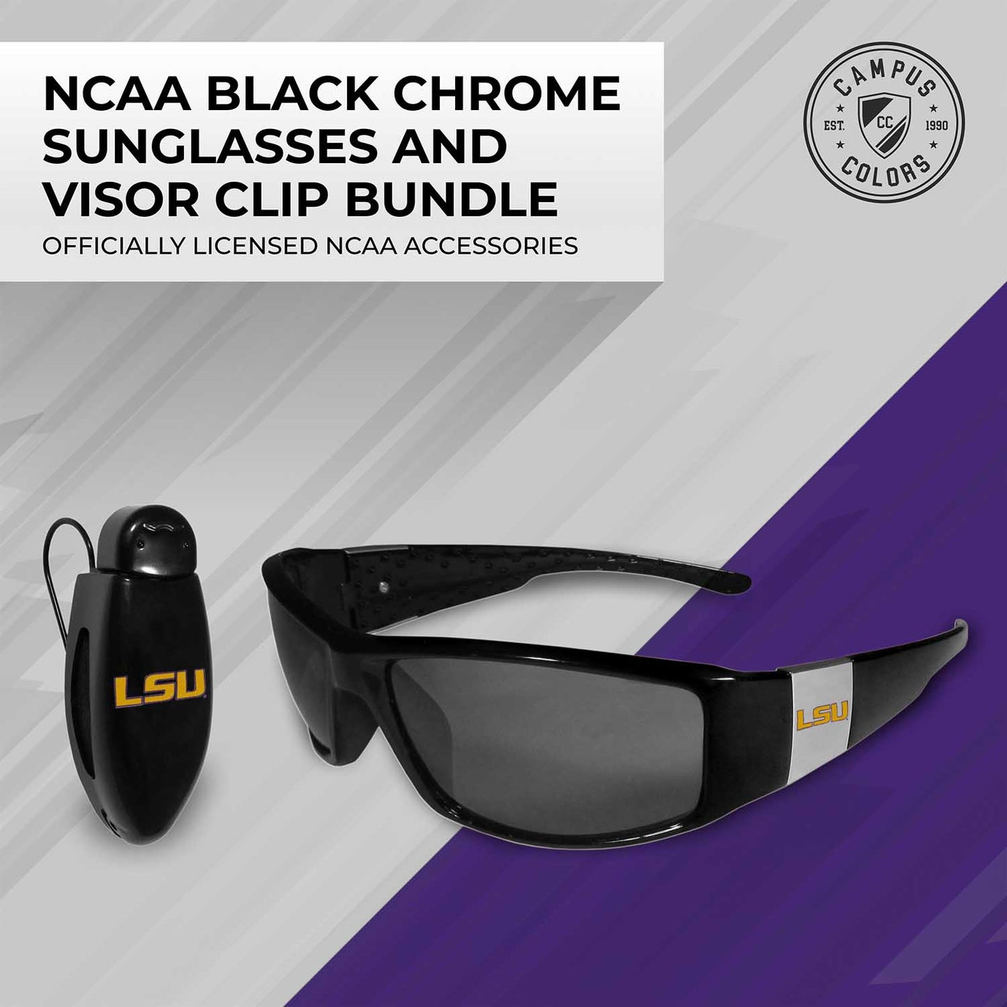 LSU Tigers NCAA Black Chrome Sunglasses with Visor Clip Bundle - Black