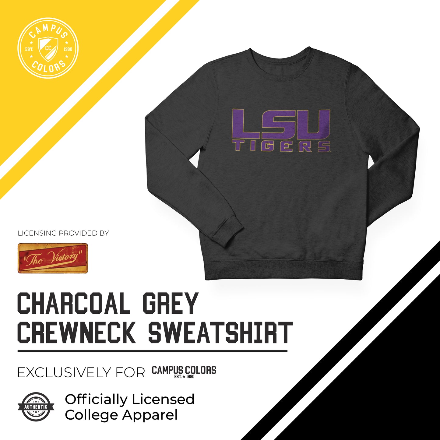 LSU Tigers NCAA Adult Charcoal Crewneck Fleece Sweatshirt - Charcoal