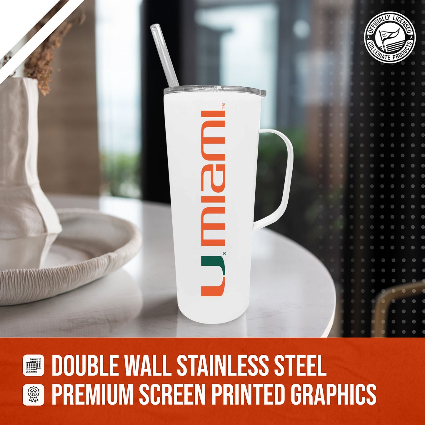 Miami Hurricanes NCAA Stainless Steal 20oz Roadie With Handle & Dual Option Lid With Straw - White