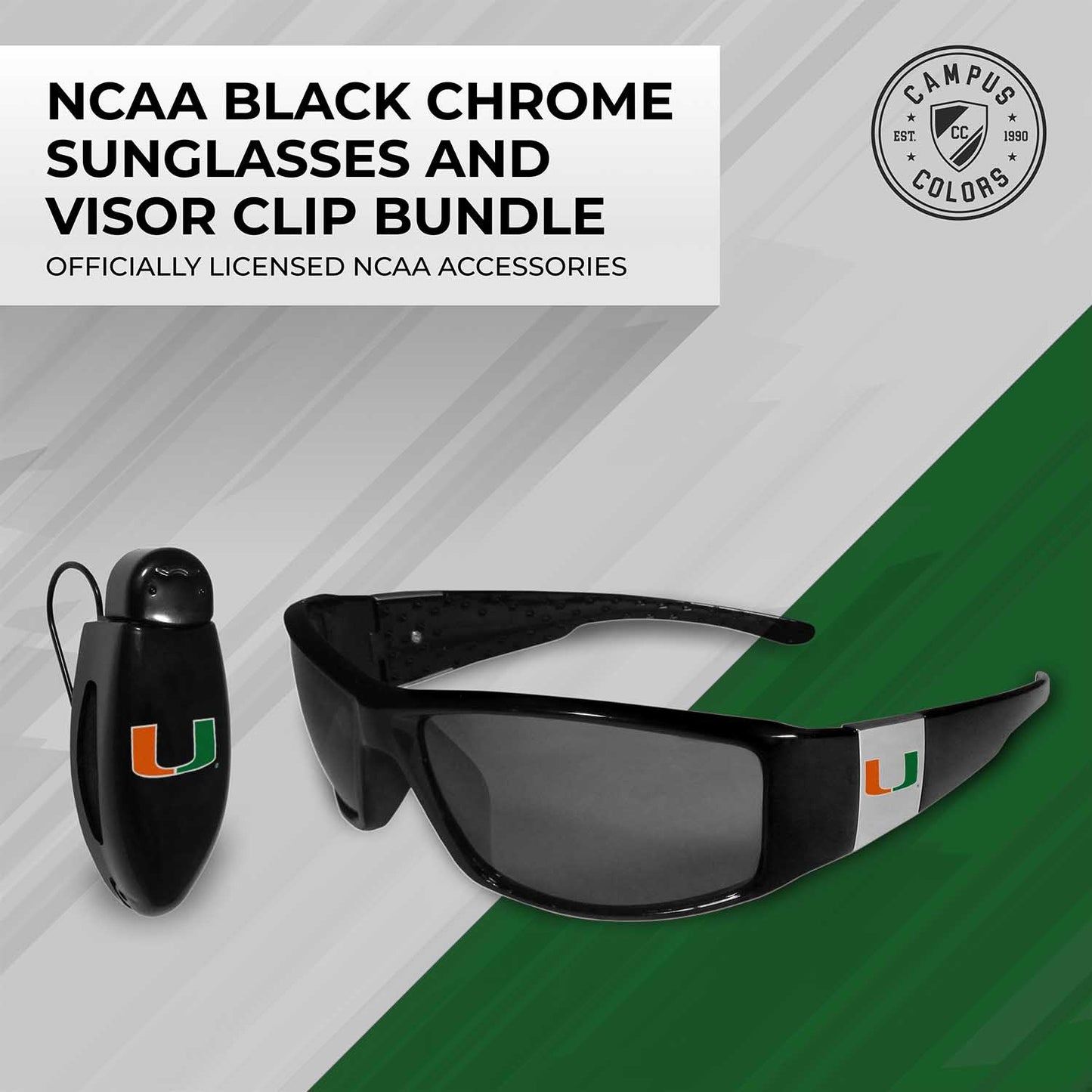 Miami Hurricanes NCAA Black Chrome Sunglasses with Visor Clip Bundle - Black