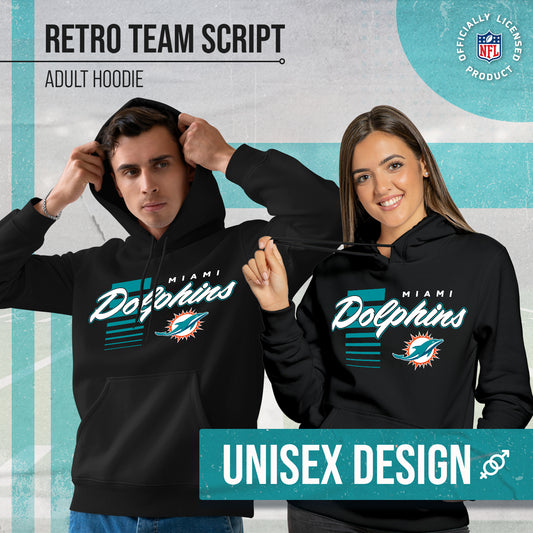 Miami Dolphins NFL Adult Unisex Retro Script Ultra Soft Fleece Hooded Sweatshirt - Black