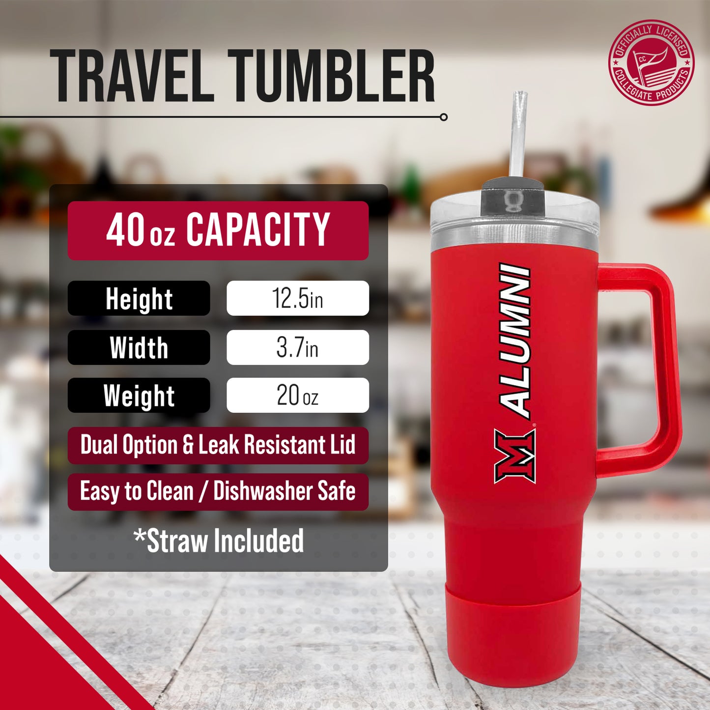 Miami Redhawks Collegiate 40oz Stainless Steel Travel Tumbler with Handle for Alumni - Red