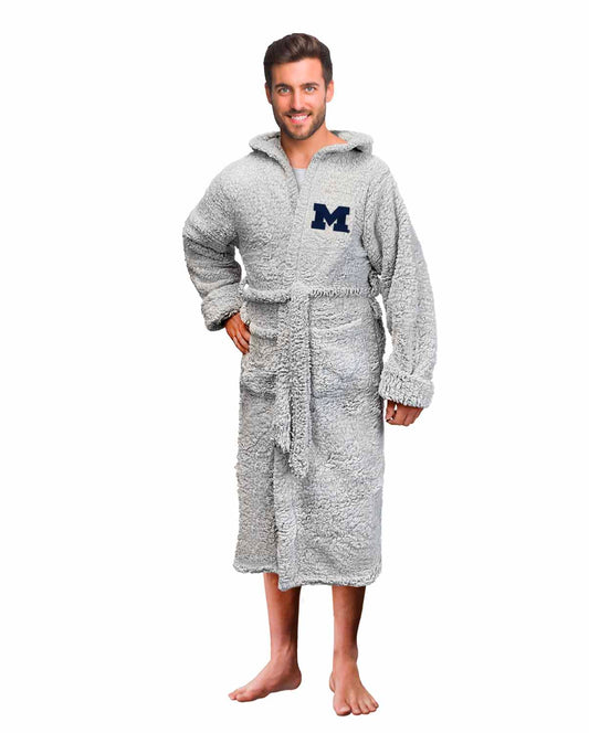 Michigan Wolverines NCAA Adult Plush Hooded Robe with Pockets - Gray