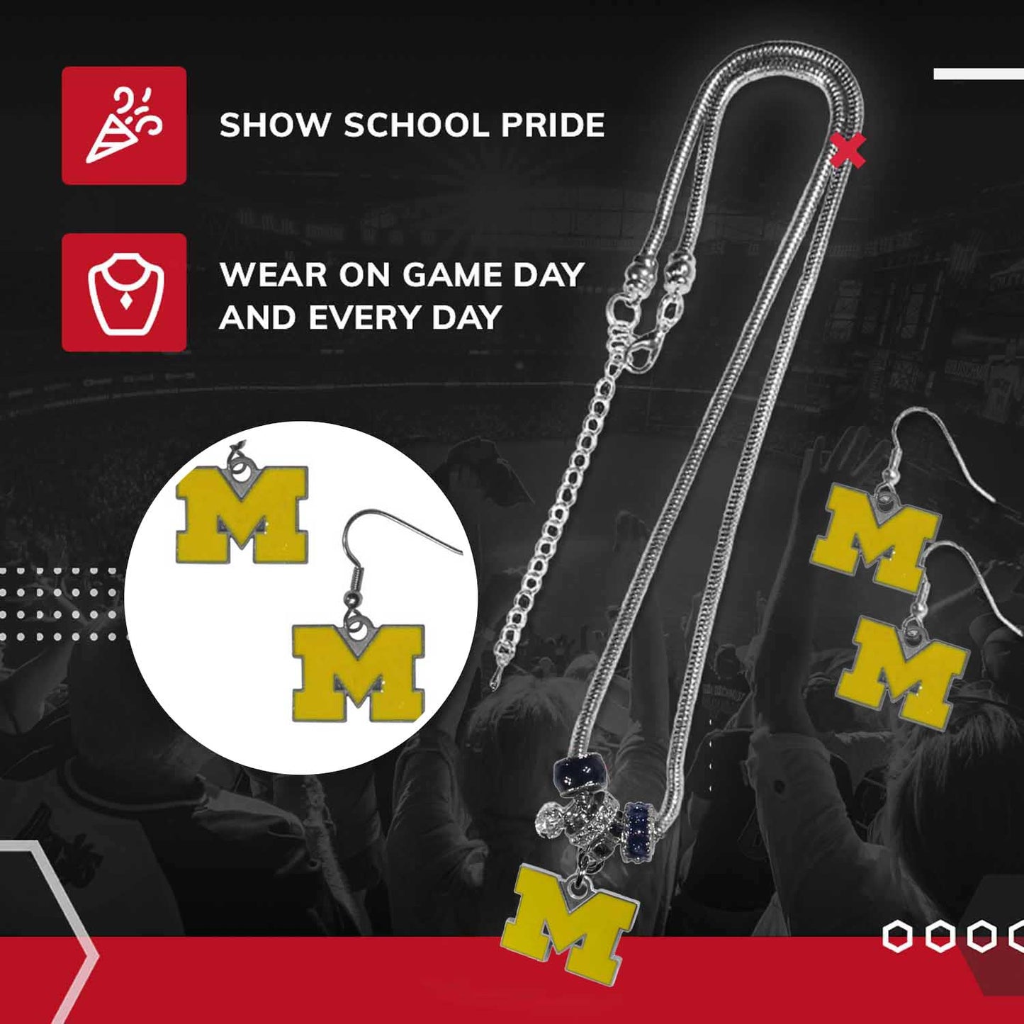 Michigan Wolverines Collegiate Game Day Necklace and Earrings - Silver