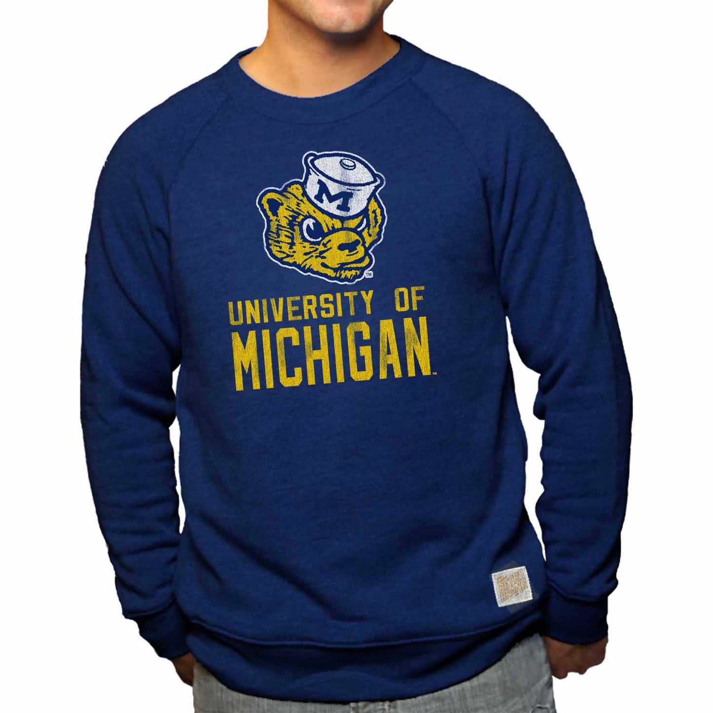 Michigan Wolverines  Vault Logo and School Name Tri-blend Crewneck Sweatshirt - Navy