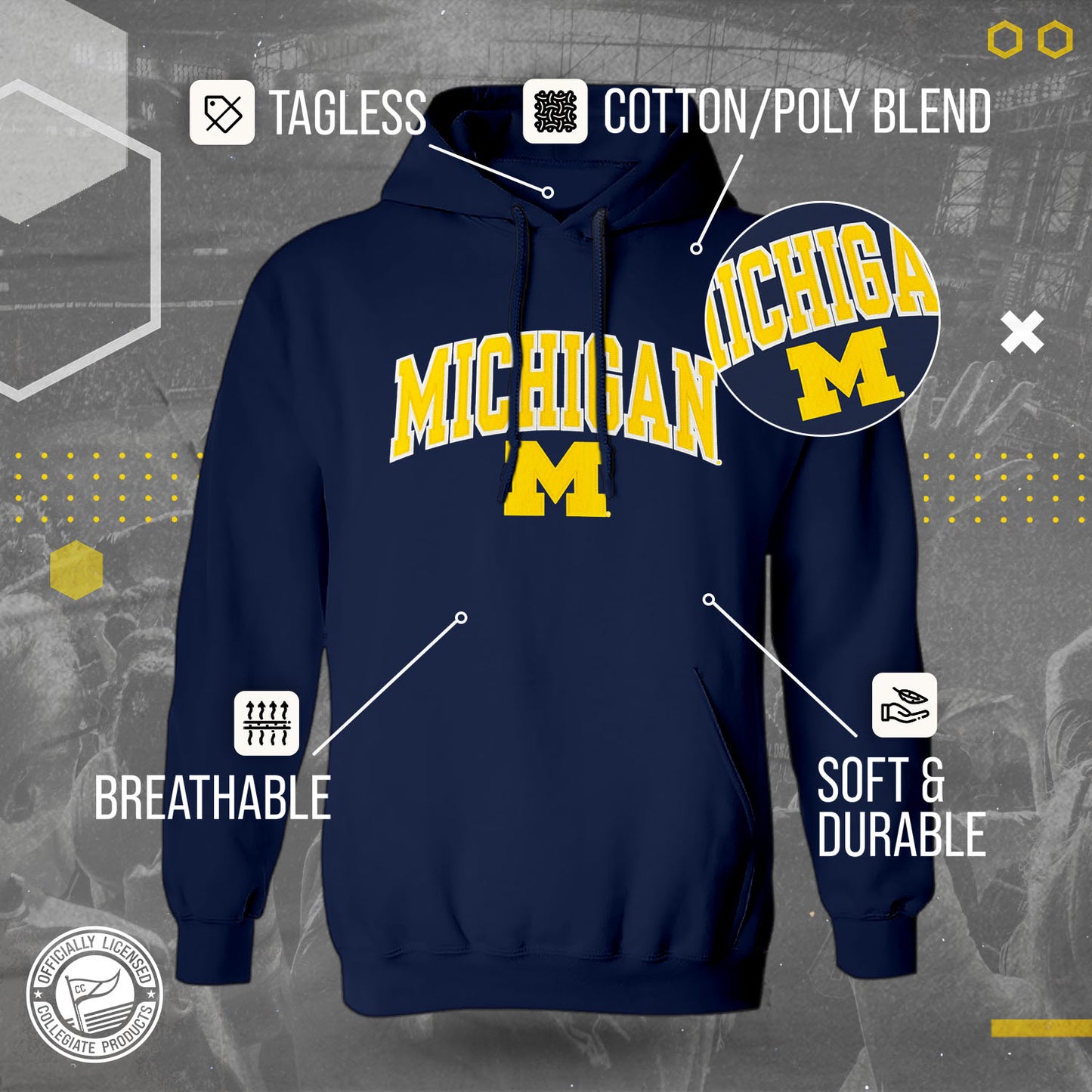 Michigan Wolverines NCAA Adult Tackle Twill Hooded Sweatshirt - Navy