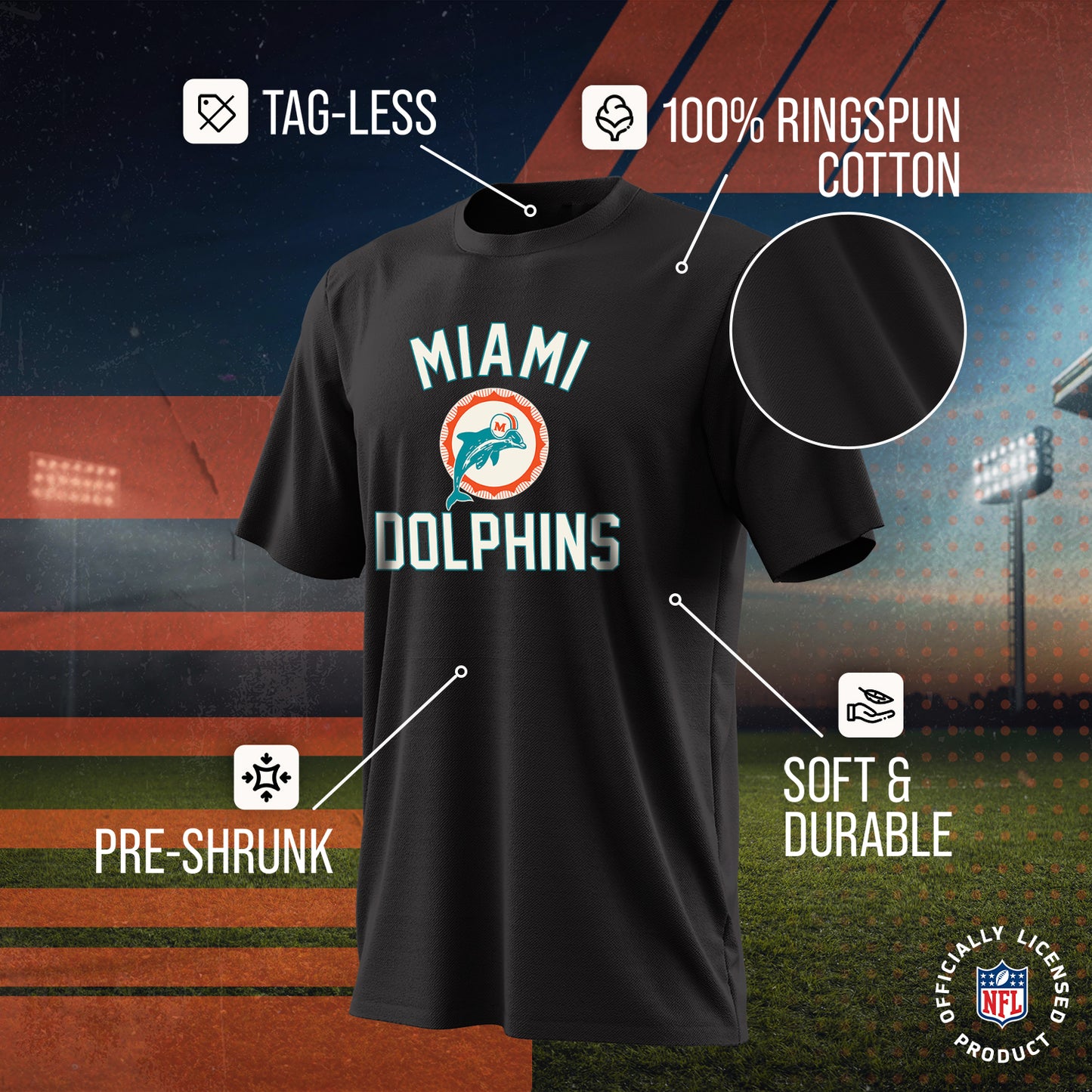 Miami Dolphins NFL Adult Retro Gameday Unisex T-Shirt - Black