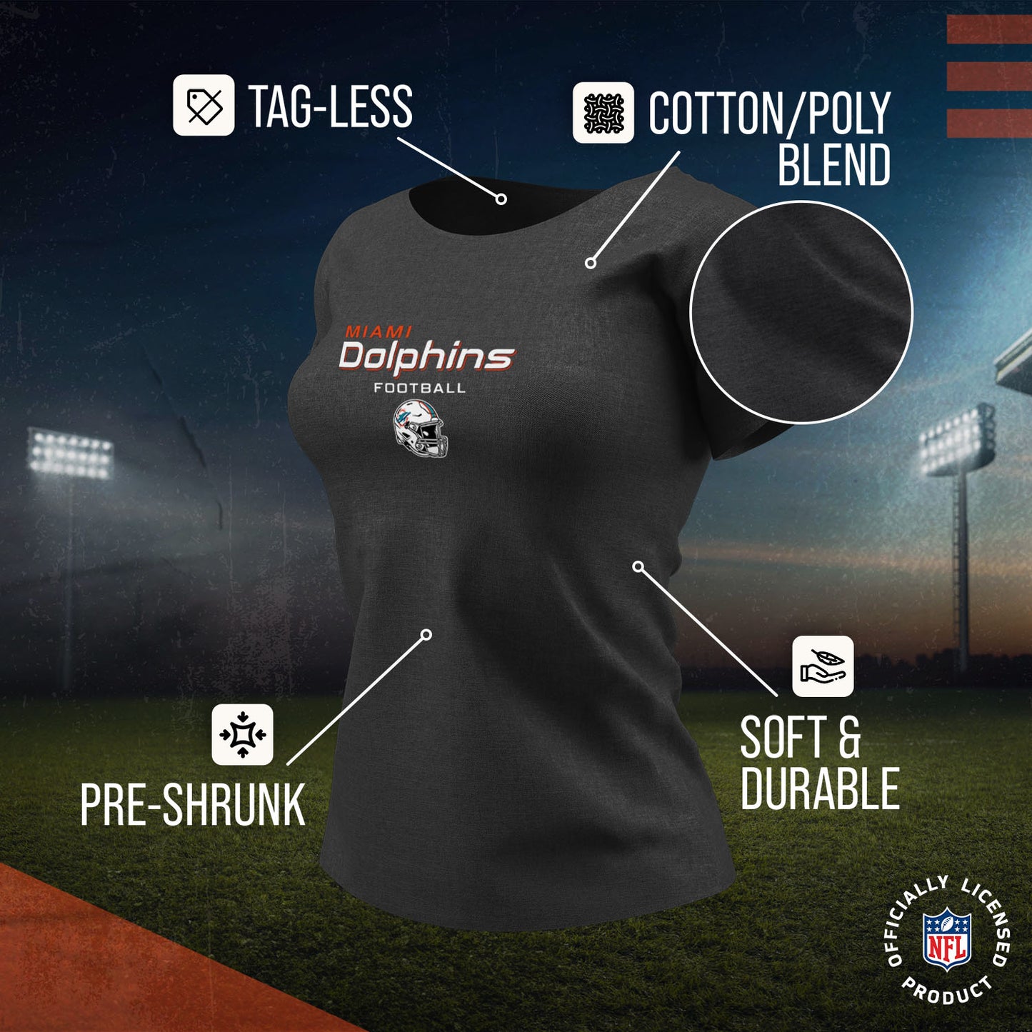 Miami Dolphins Women's NFL Football Helmet Short Sleeve Tagless T-Shirt - Charcoal
