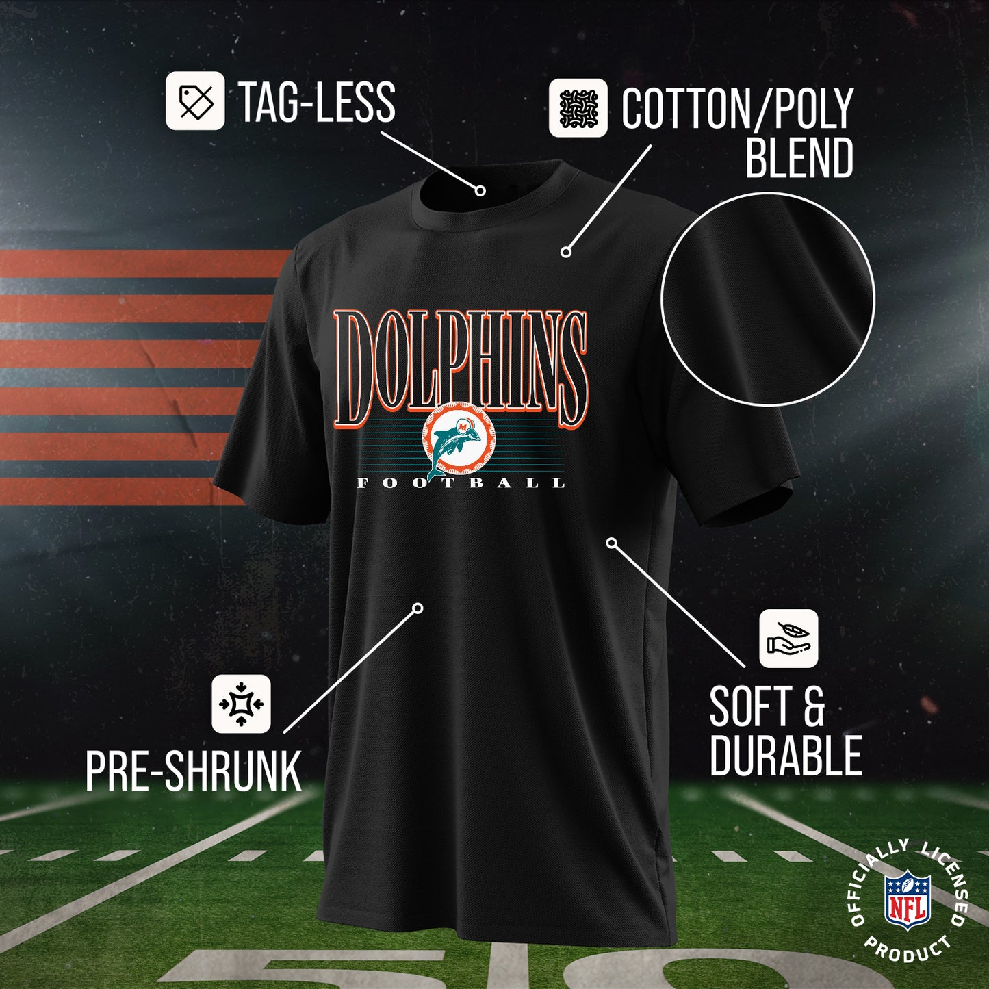 Miami Dolphins NFL Adult Overtime Blueprint Tag-Less T-Shirt - Black