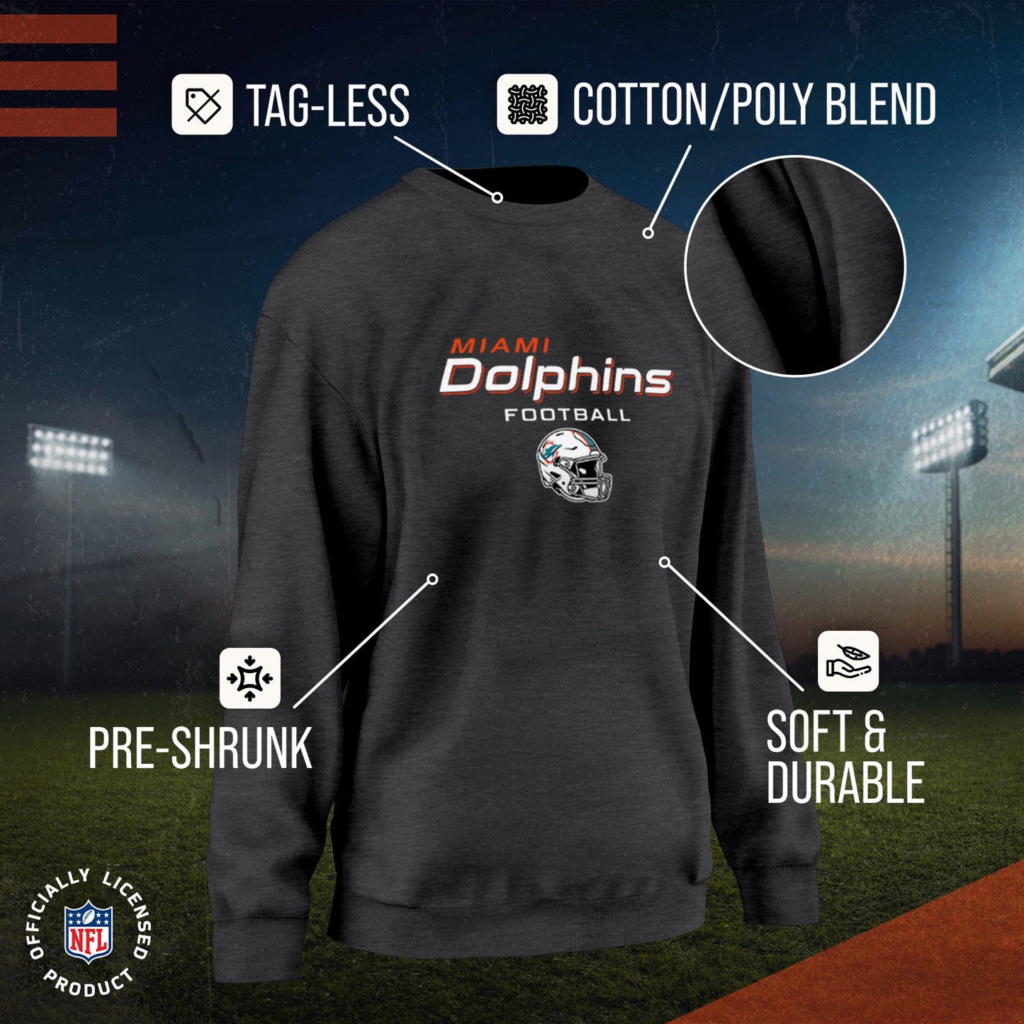 Miami Dolphins Women's NFL Football Helmet Charcoal Slouchy Crewneck -Tagless Lightweight Pullover - Charcoal
