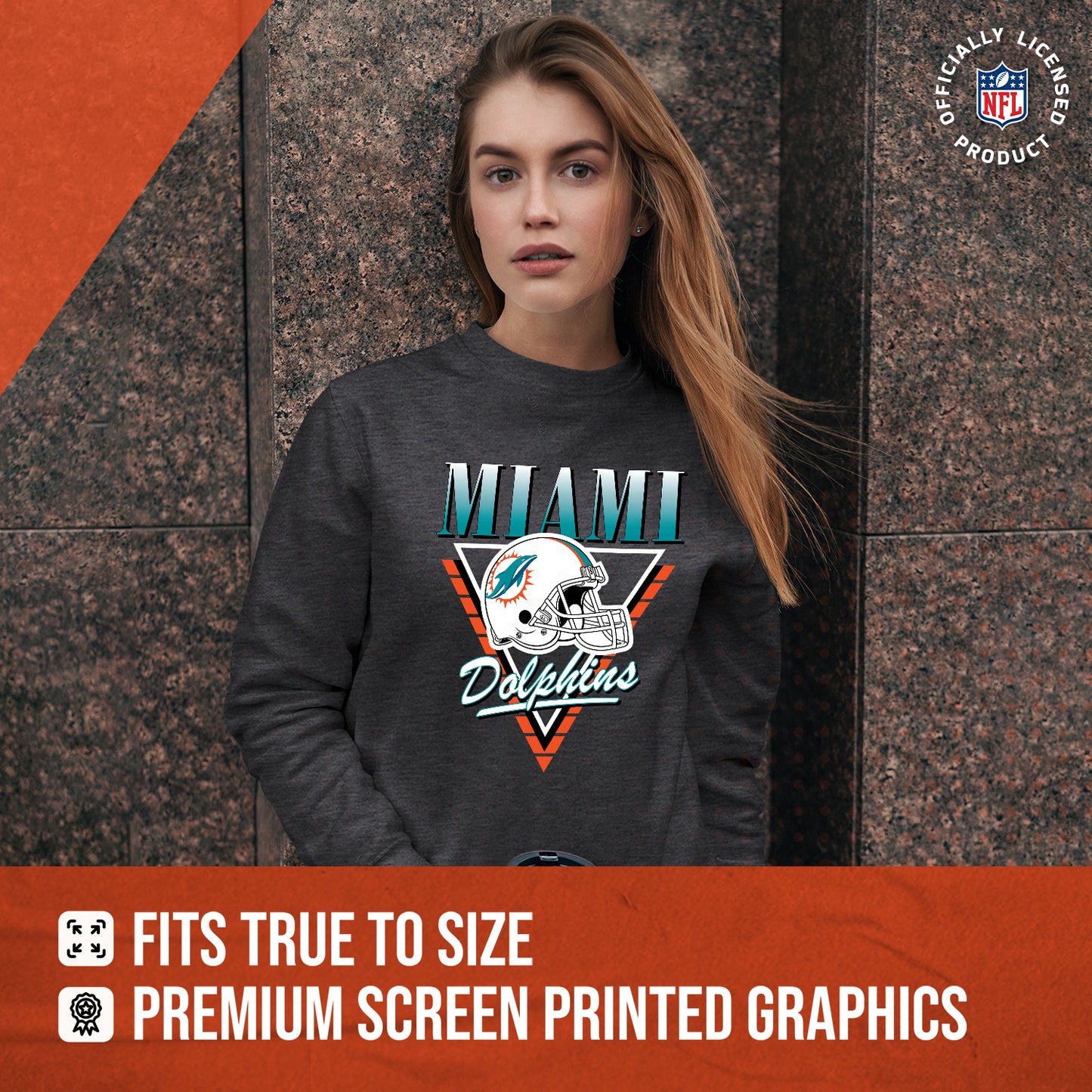 Miami Dolphins NFL Womens Retro Triangle Slouchy Crewneck - Heather Charcoal