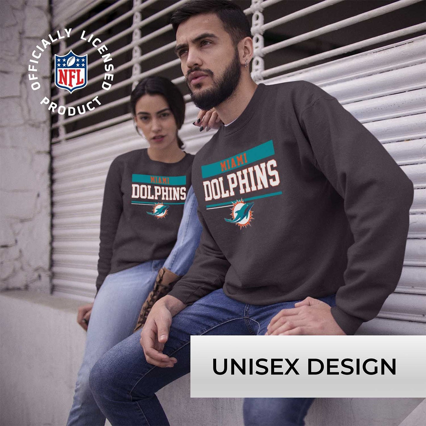 Miami Dolphins NFL Adult Long Sleeve Team Block Charcoal Crewneck Sweatshirt - Charcoal