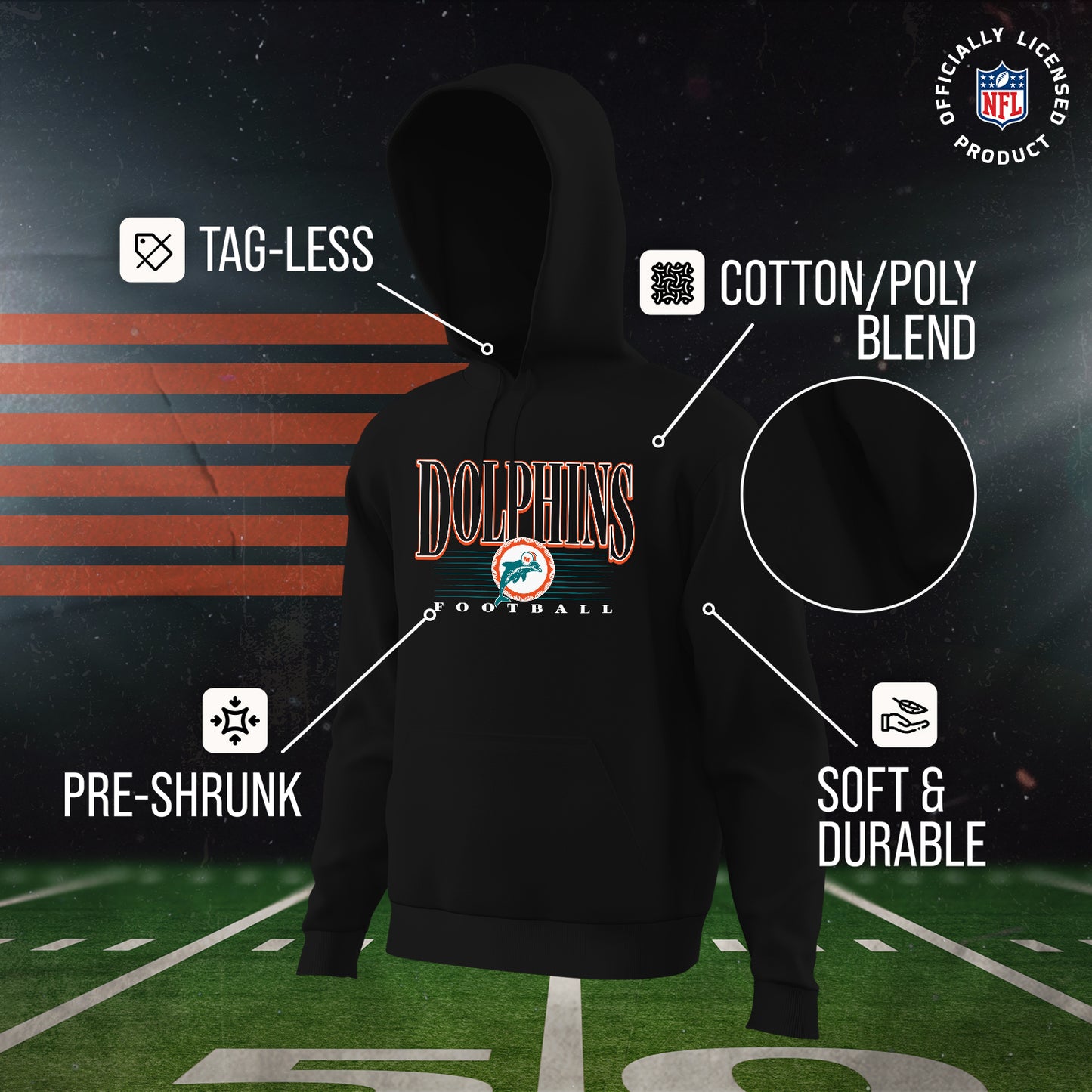 Miami Dolphins NFL Adult Unisex Overtime Blueprint Soft Fleece Hooded Sweatshirt - Black