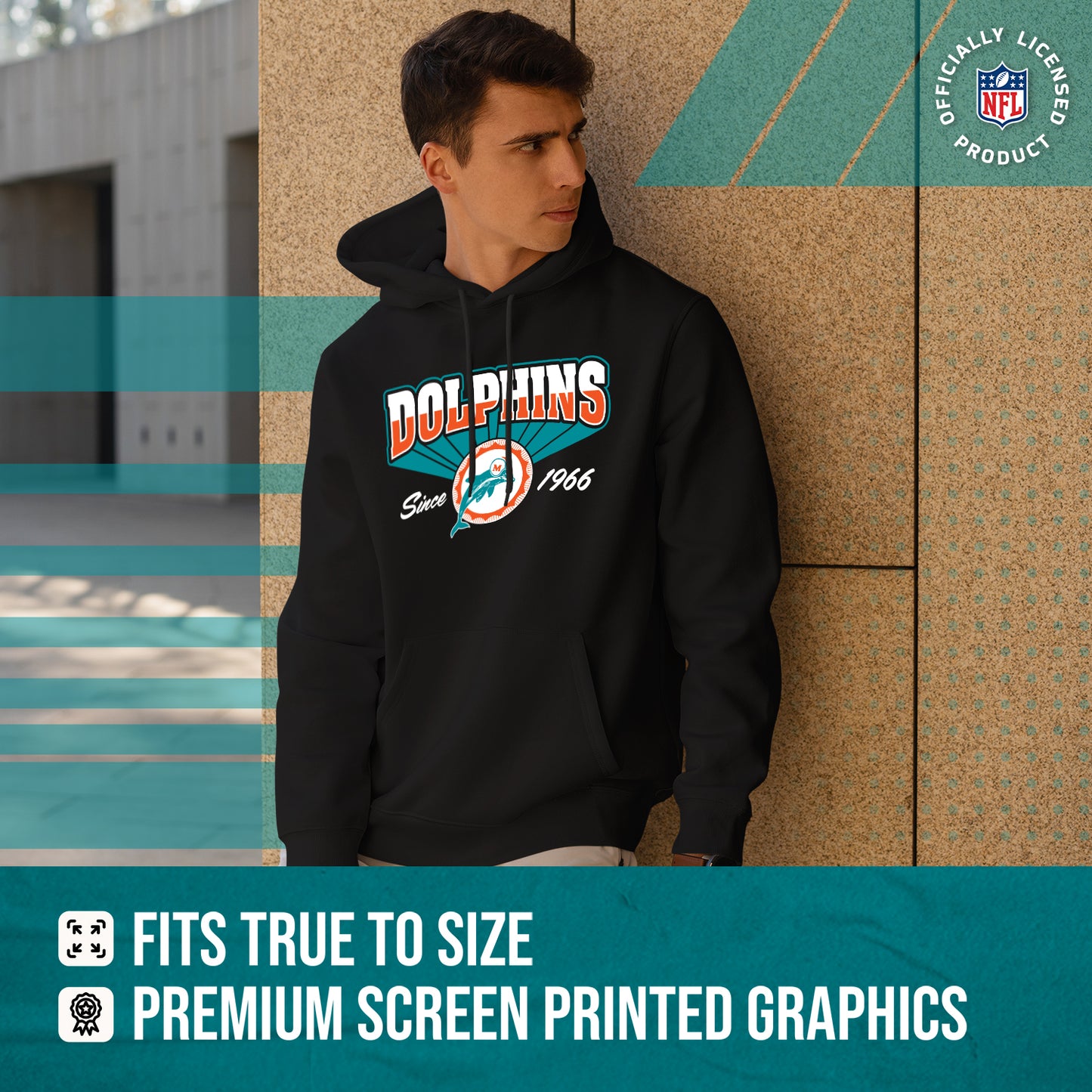 Miami Dolphins NFL Adult Unisex Vintage Block Ultra Soft Fleece Hooded Sweatshirt - Black