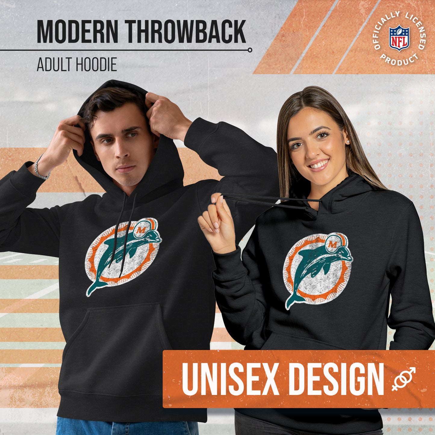 Miami Dolphins NFL Adult Unisex Modern Throwback Ultra Soft Fleece Hooded Sweatshirt - Black Heather