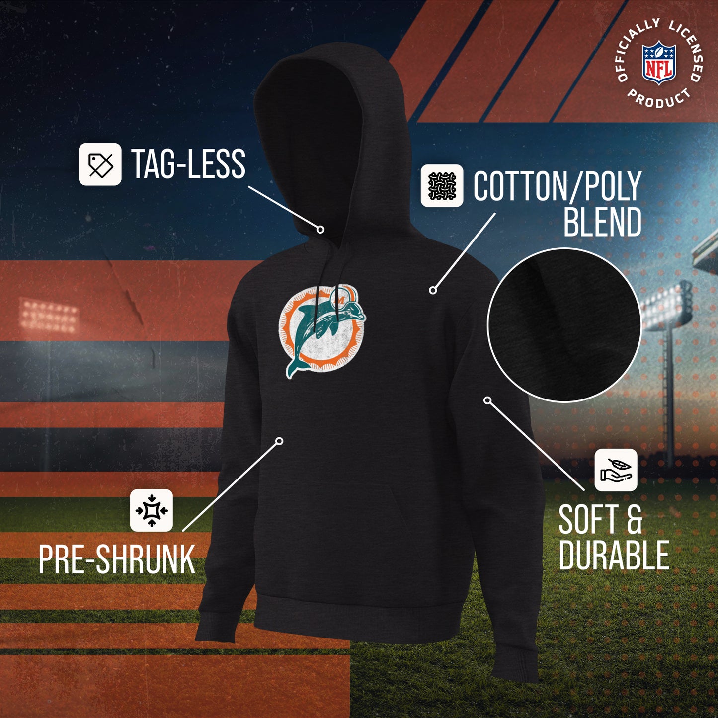 Miami Dolphins NFL Adult Unisex Modern Throwback Ultra Soft Fleece Hooded Sweatshirt - Black Heather