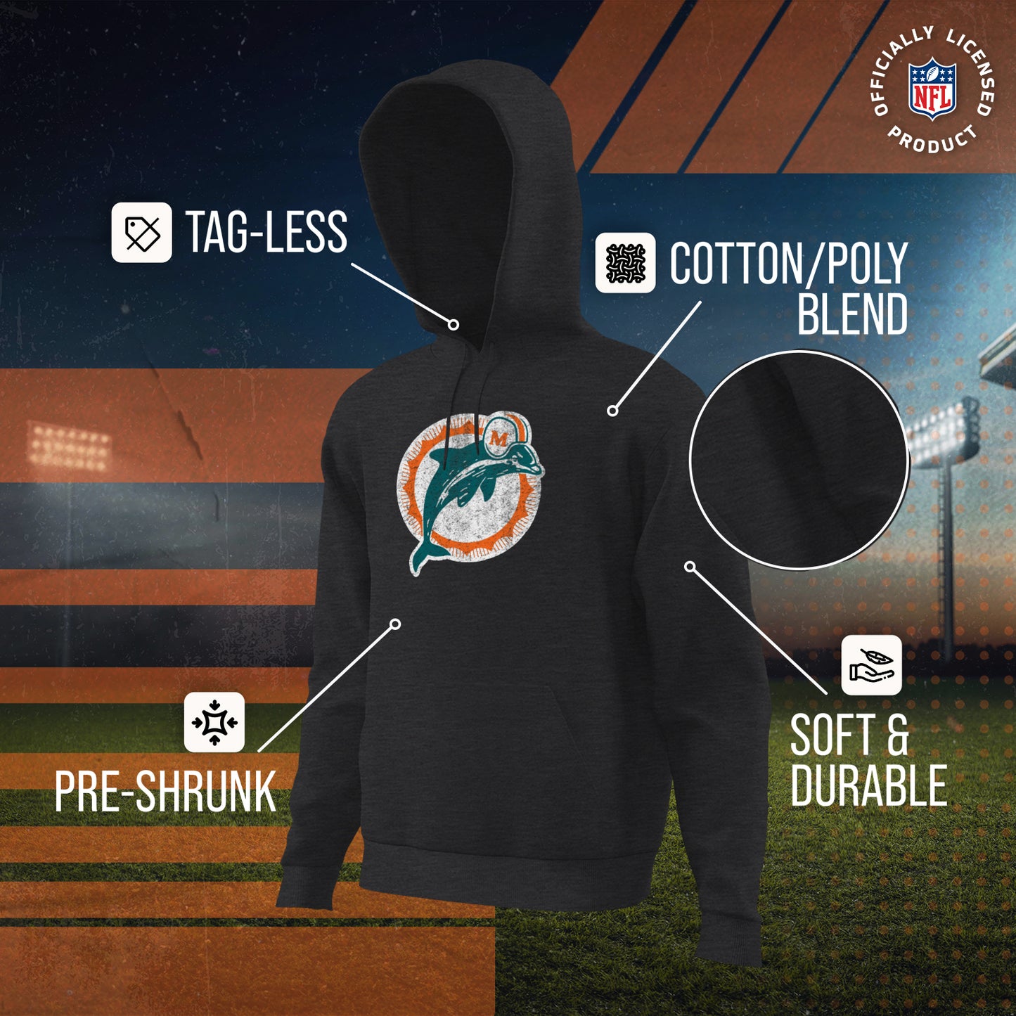 Miami Dolphins NFL Adult Unisex Modern Throwback Ultra Soft Fleece Hooded Sweatshirt - Black Heather