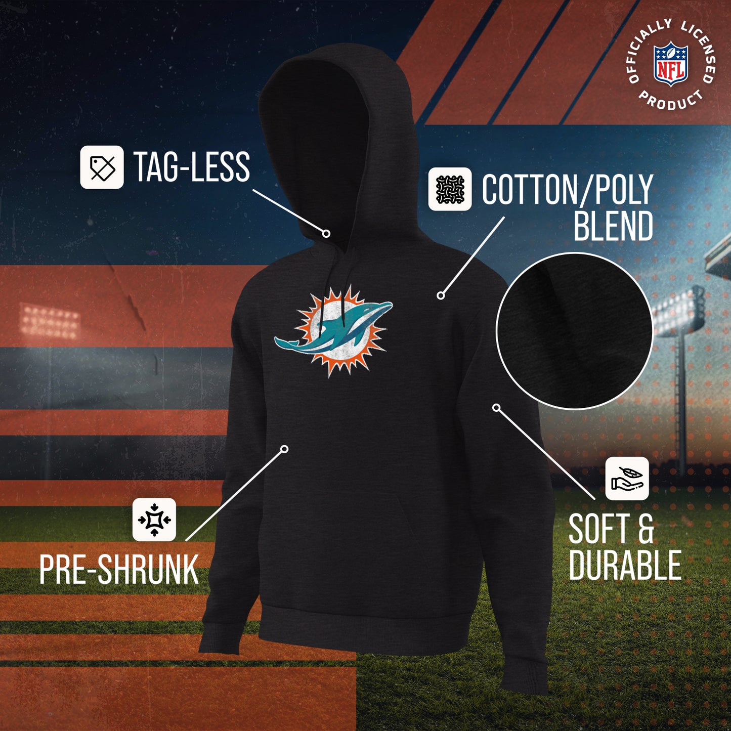 Miami Dolphins NFL Adult Unisex Modern Throwback Ultra Soft Fleece Hooded Sweatshirt - Black