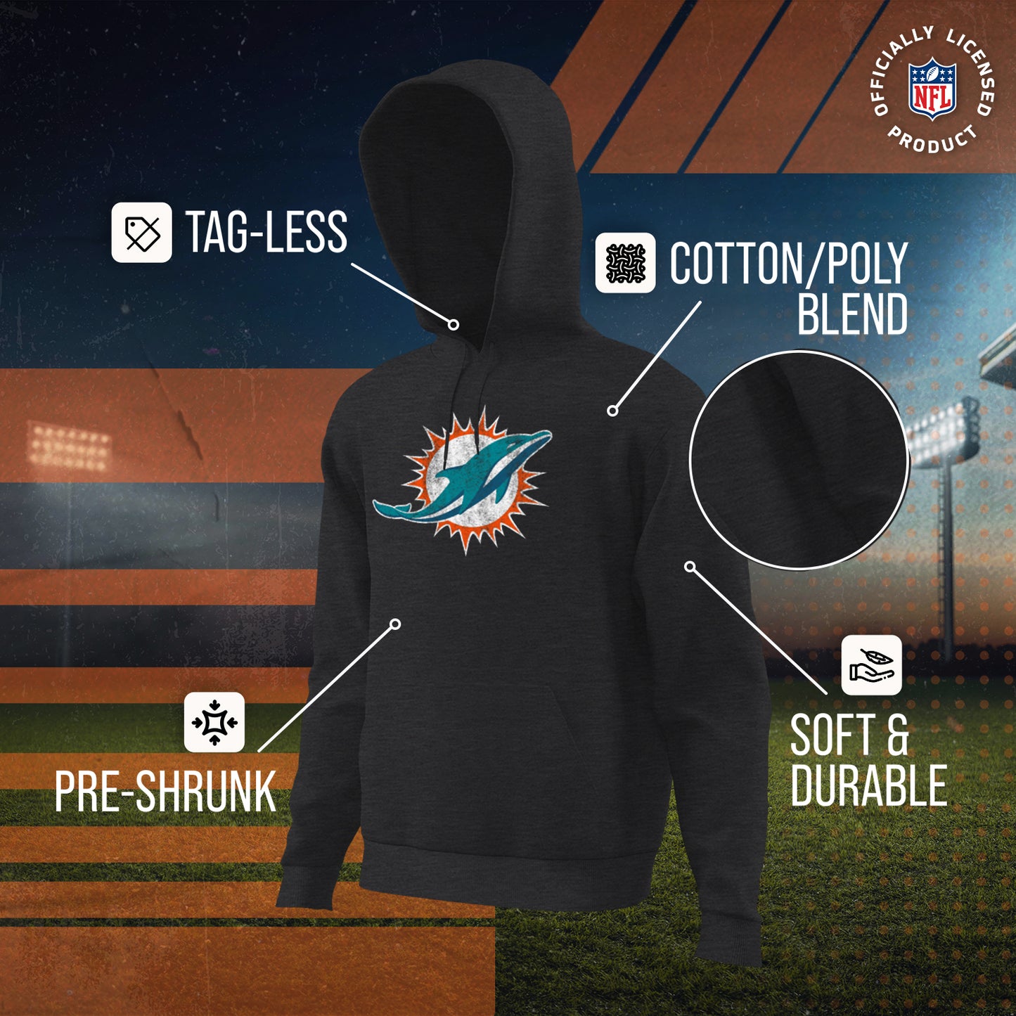 Miami Dolphins NFL Adult Unisex Modern Throwback Ultra Soft Fleece Hooded Sweatshirt - Black