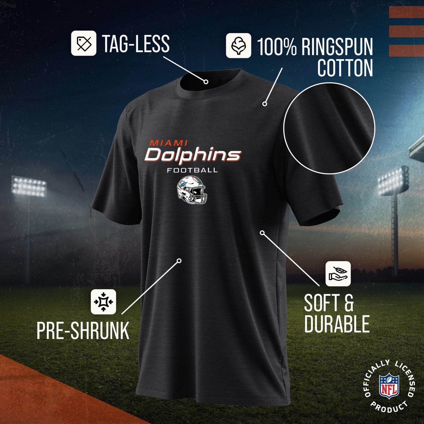 Miami Dolphins NFL Adult Football Helmet Tagless T-Shirt - Charcoal