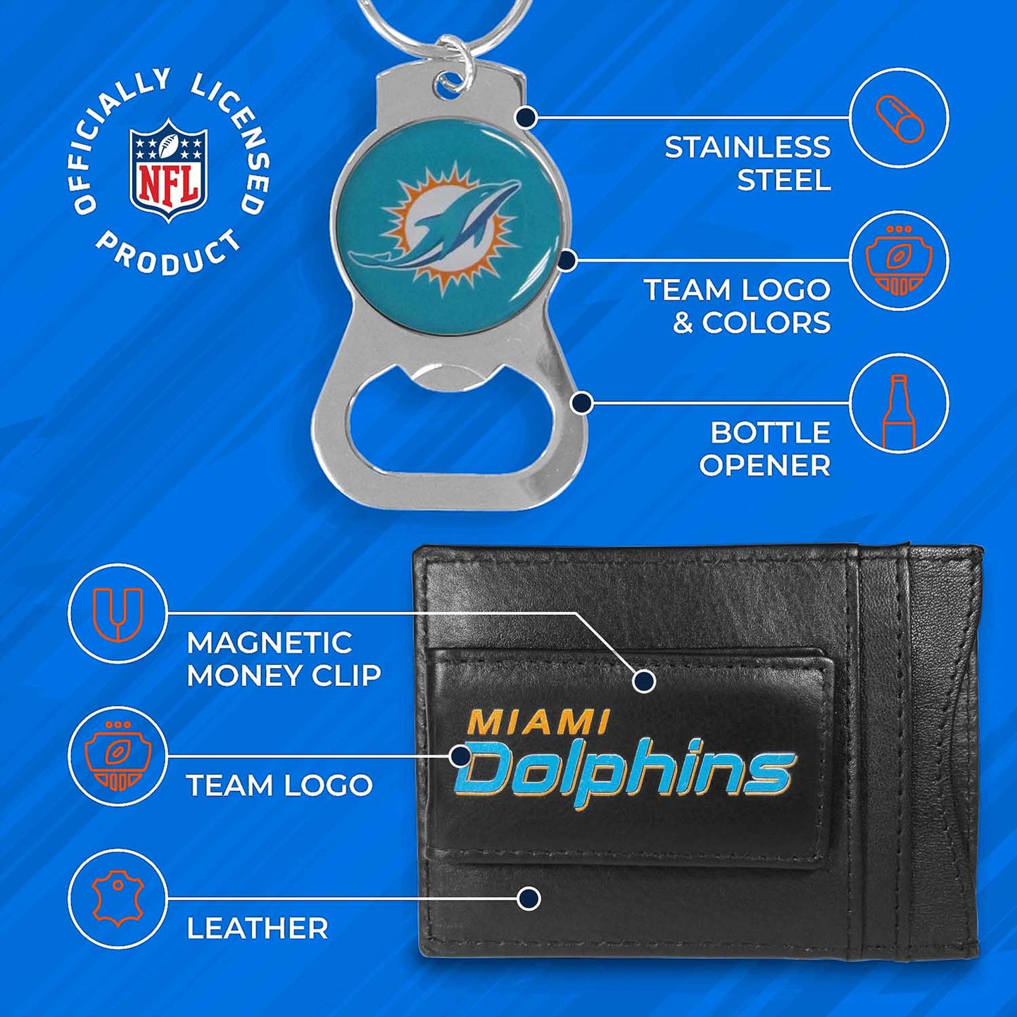 Miami Dolphins NFL Bottle Opener Keychain Bundle - Black
