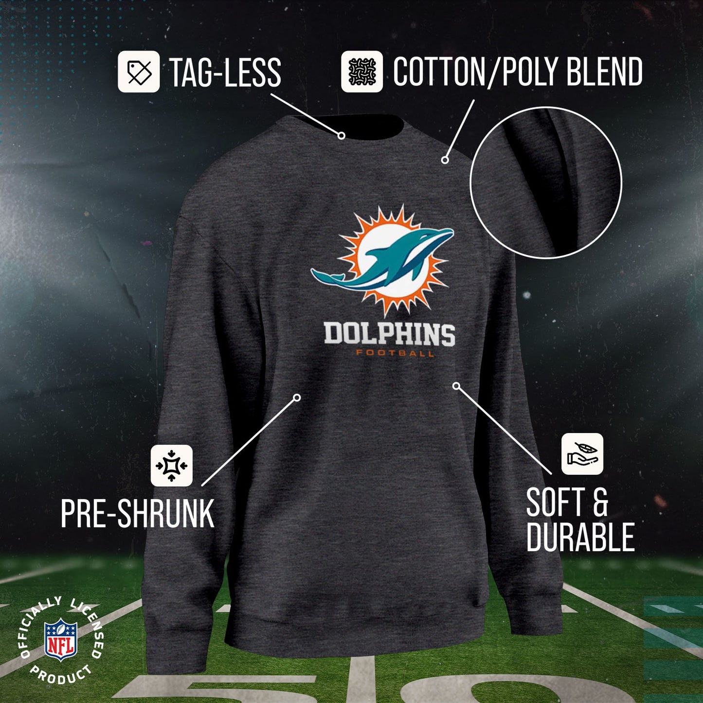 Miami Dolphins Women's NFL Ultimate Fan Logo Slouchy Crewneck -Tagless Fleece Lightweight Pullover - Charcoal