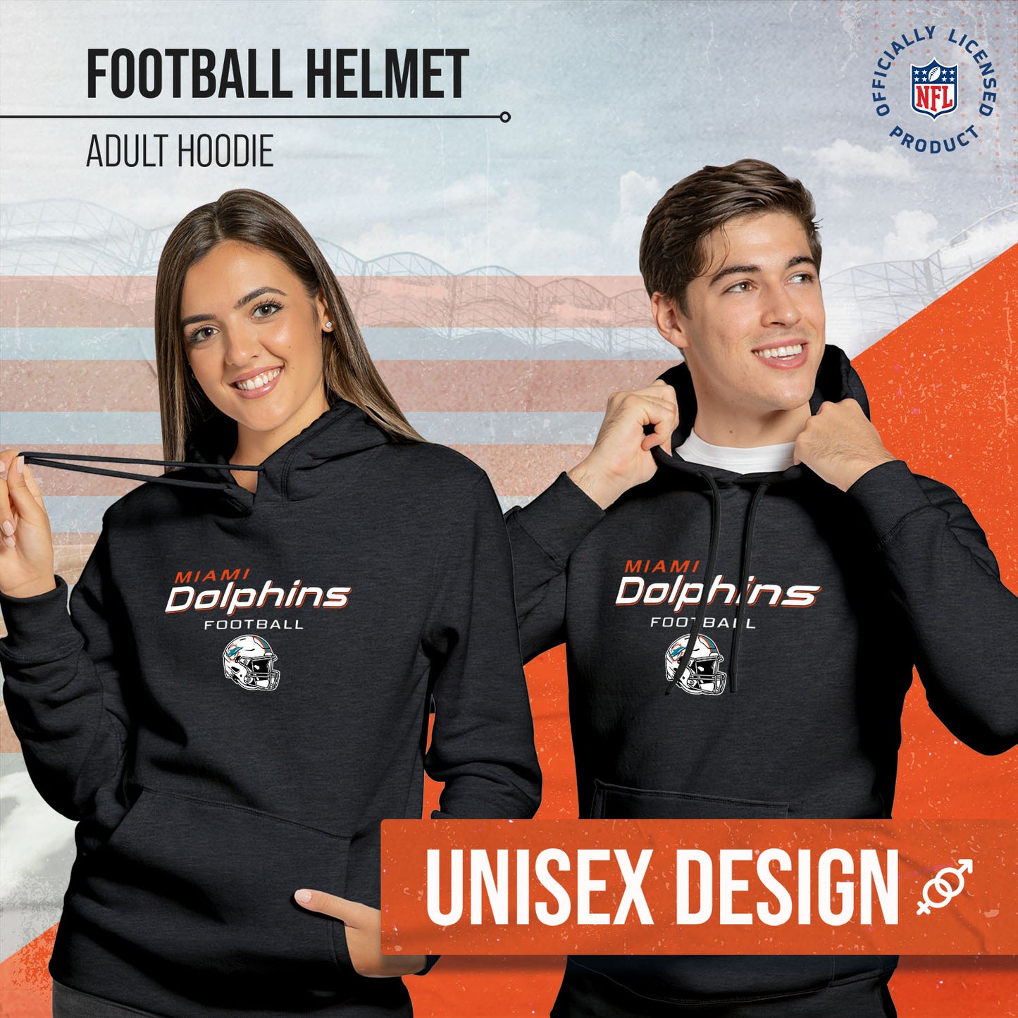 Miami Dolphins Adult NFL Football Helmet Heather Hooded Sweatshirt  - Charcoal