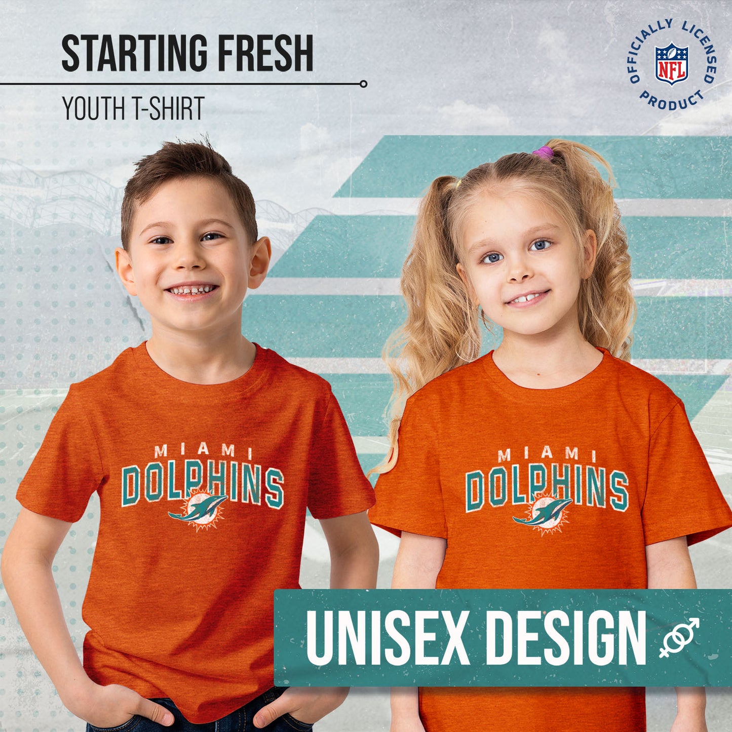 Miami Dolphins NFL Youth Starting Fresh Tee- Pro Football Tag-Less T-Shirt For Boys & Girls - Orange